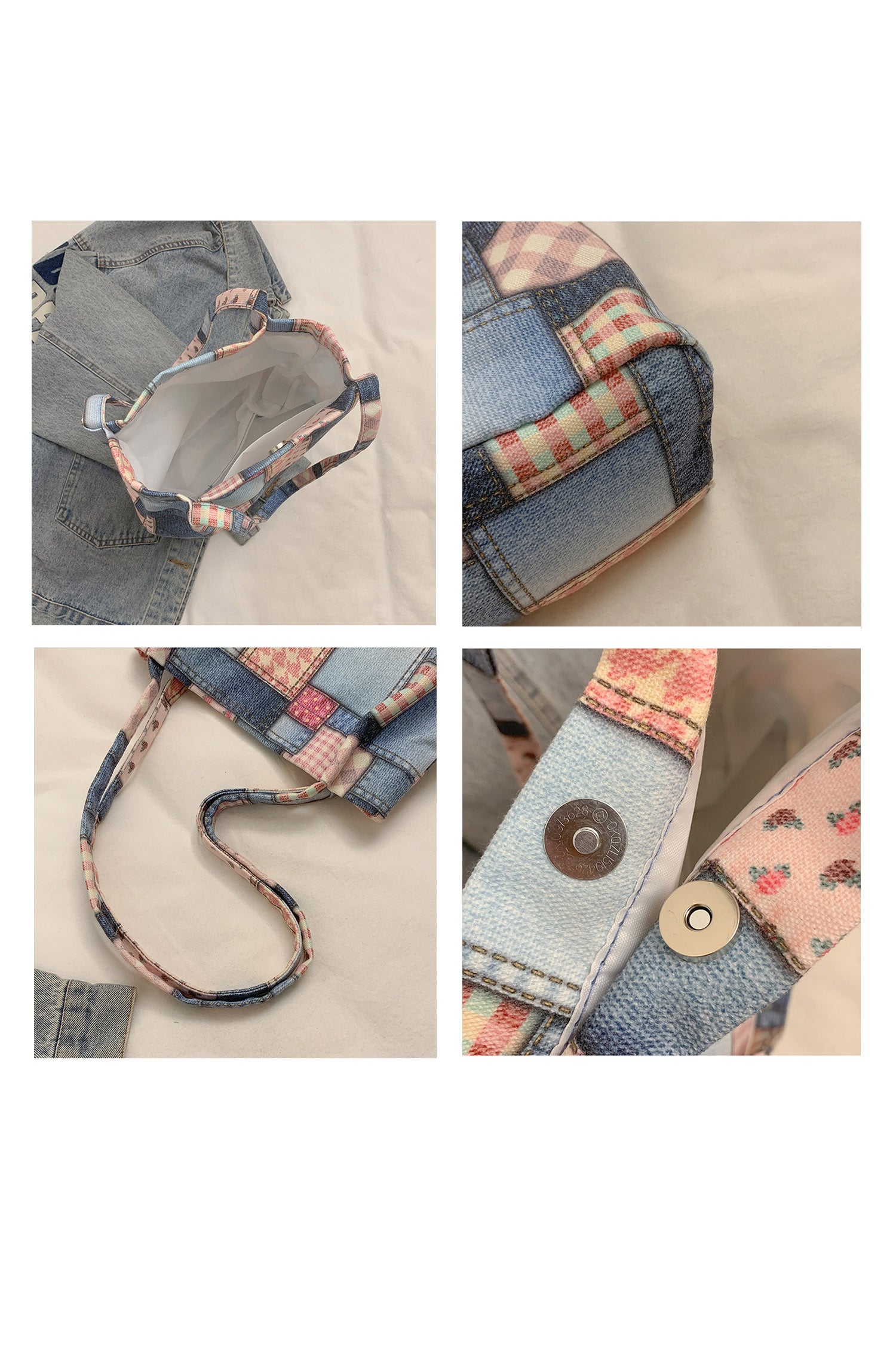 Pink Vintage Plaid Patchwork Print Canvas Tote Bag