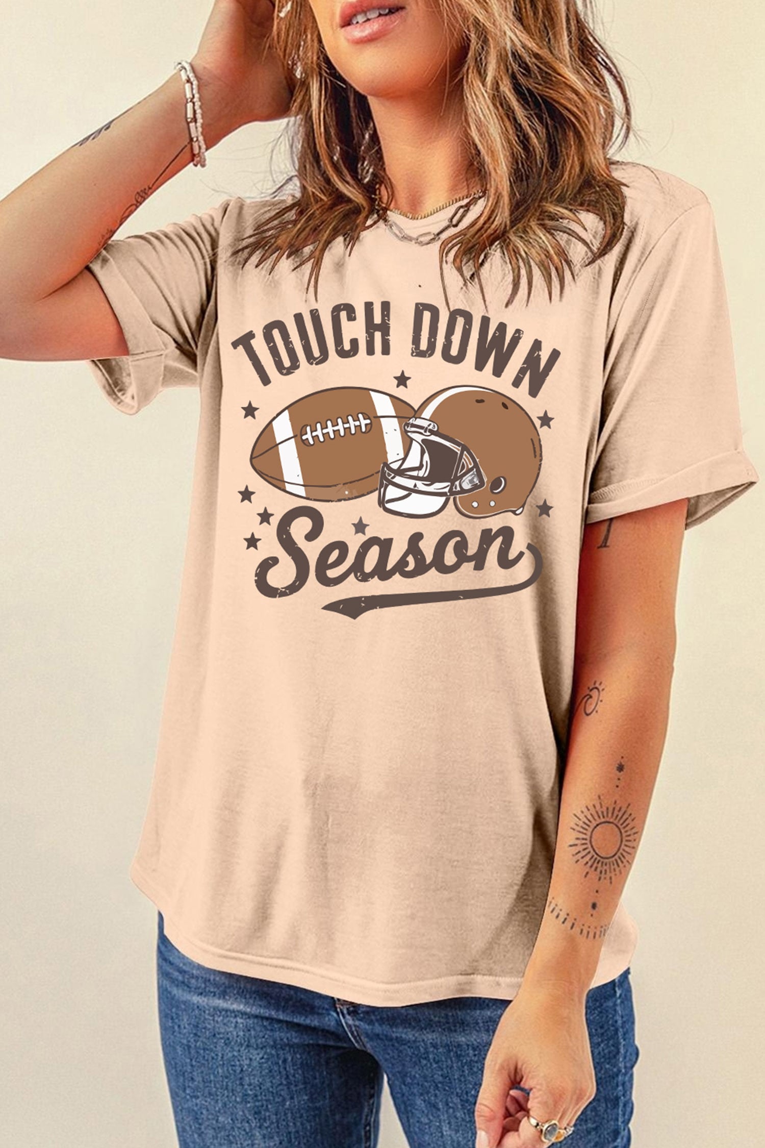 Khaki TOUCH DOWN Season Rugby Print Round Neck T-Shirt