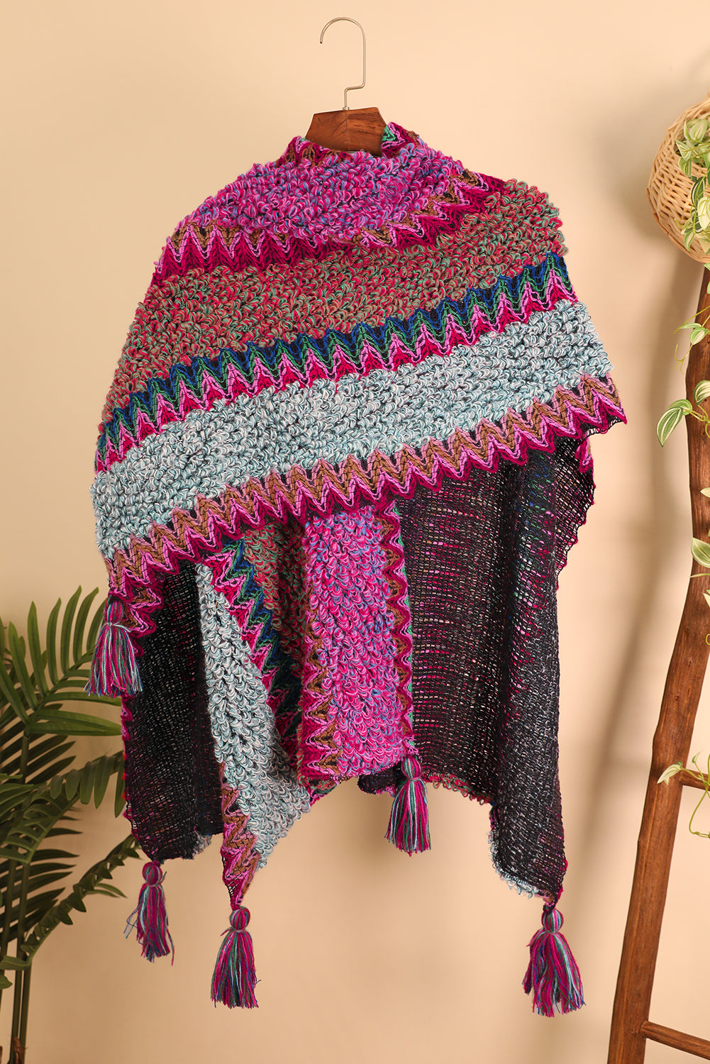 Rose Red Ethnic Knit Shawl Wrap Cape Sweater Thickened Tassel Poncho Cloak