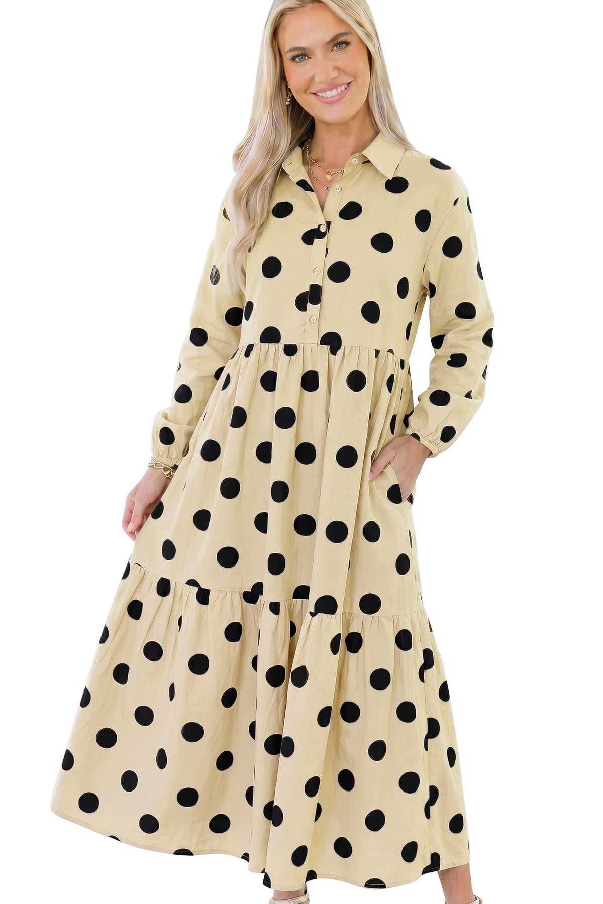 Apricot Polka Dot Button Front Long Sleeve Shift Dress