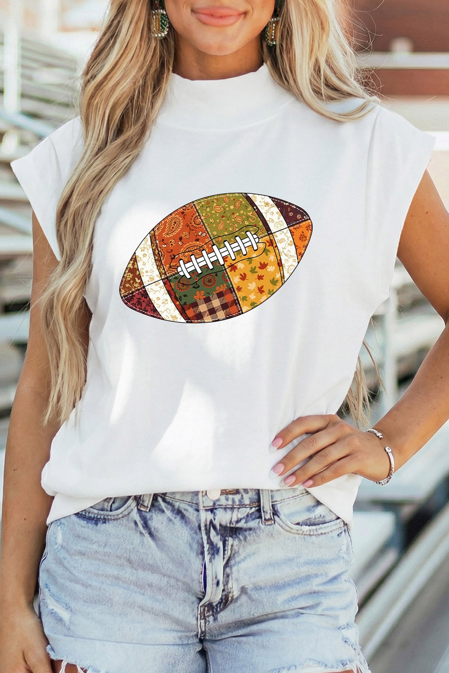 White Patchwork Rugby Print High Neck Cap Sleeve Game Day Top