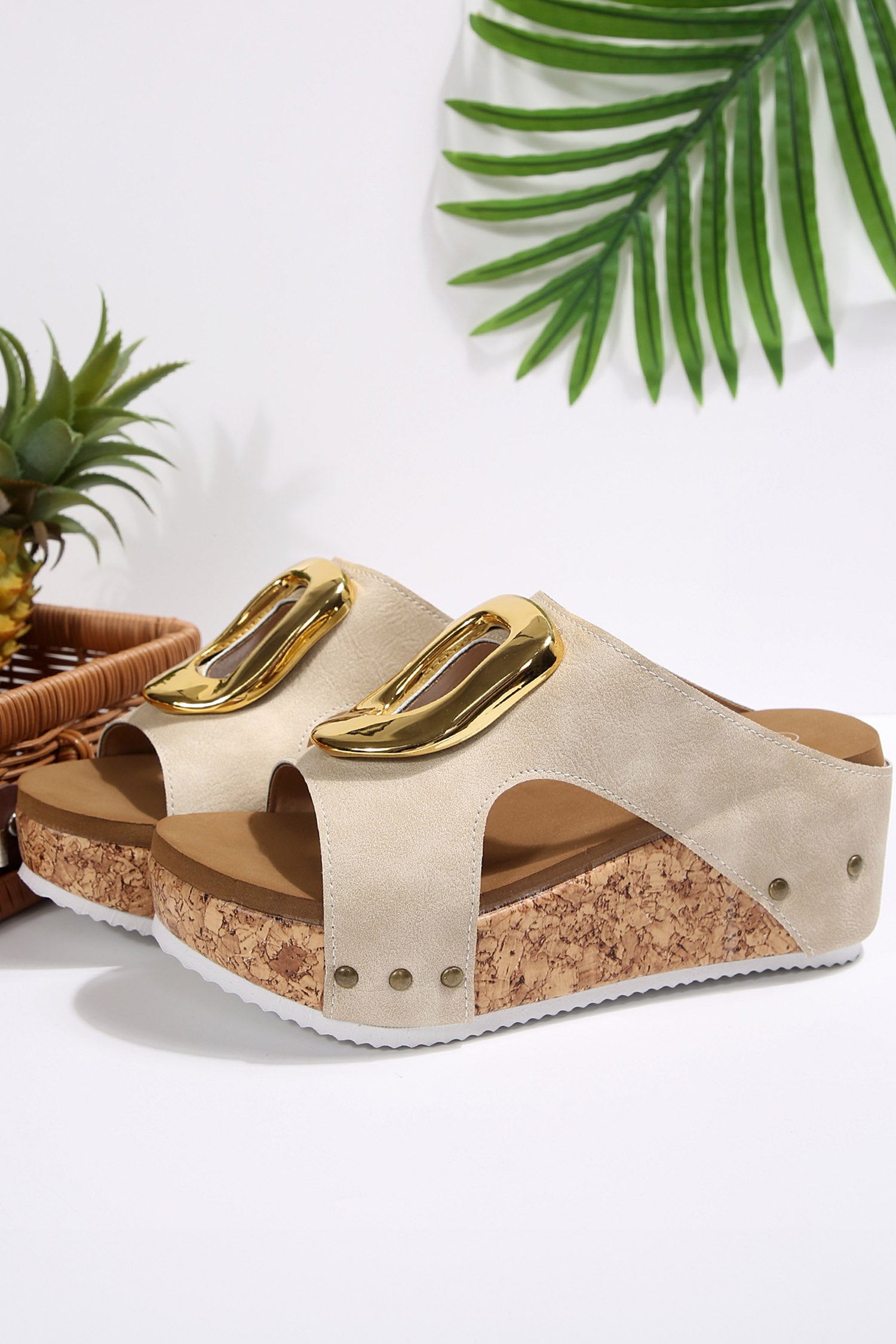 Beige Retro Suede Cutout Gold Buckle Detail Platform Wedge Slippers