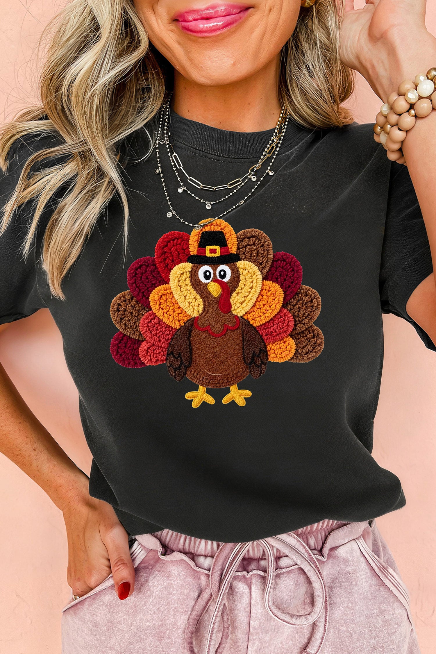 Black Thanksgiving Turkey Embroidered Short Sleeve Casual Shift T-Shirt
