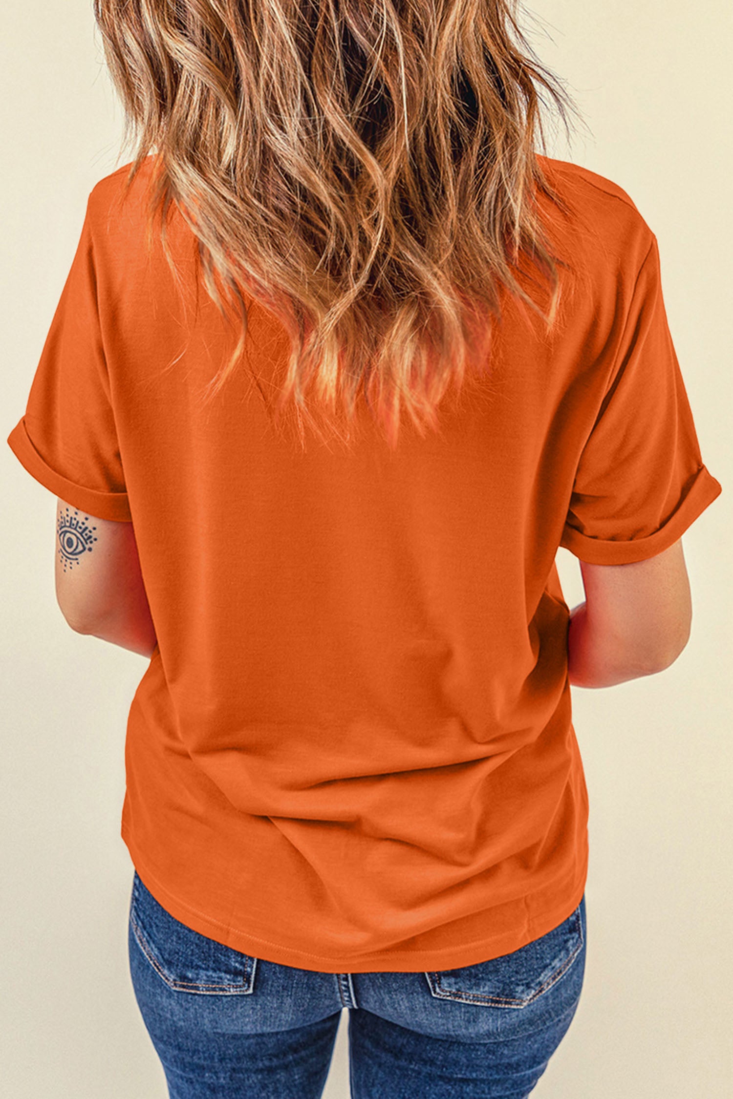 Orange Embroidered Fall Drinks Round Neck Graphic Tee