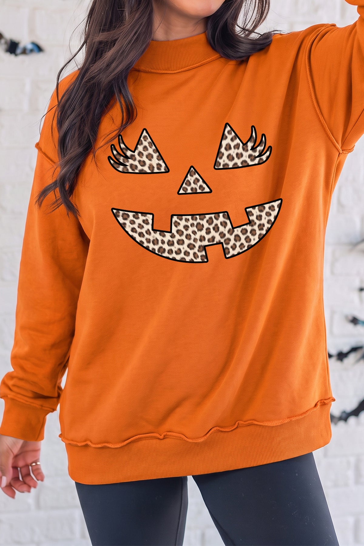 Carrot Leopard Halloween Pumpkin Face Printed Exposed Seam Mock Neck Sweatshirt