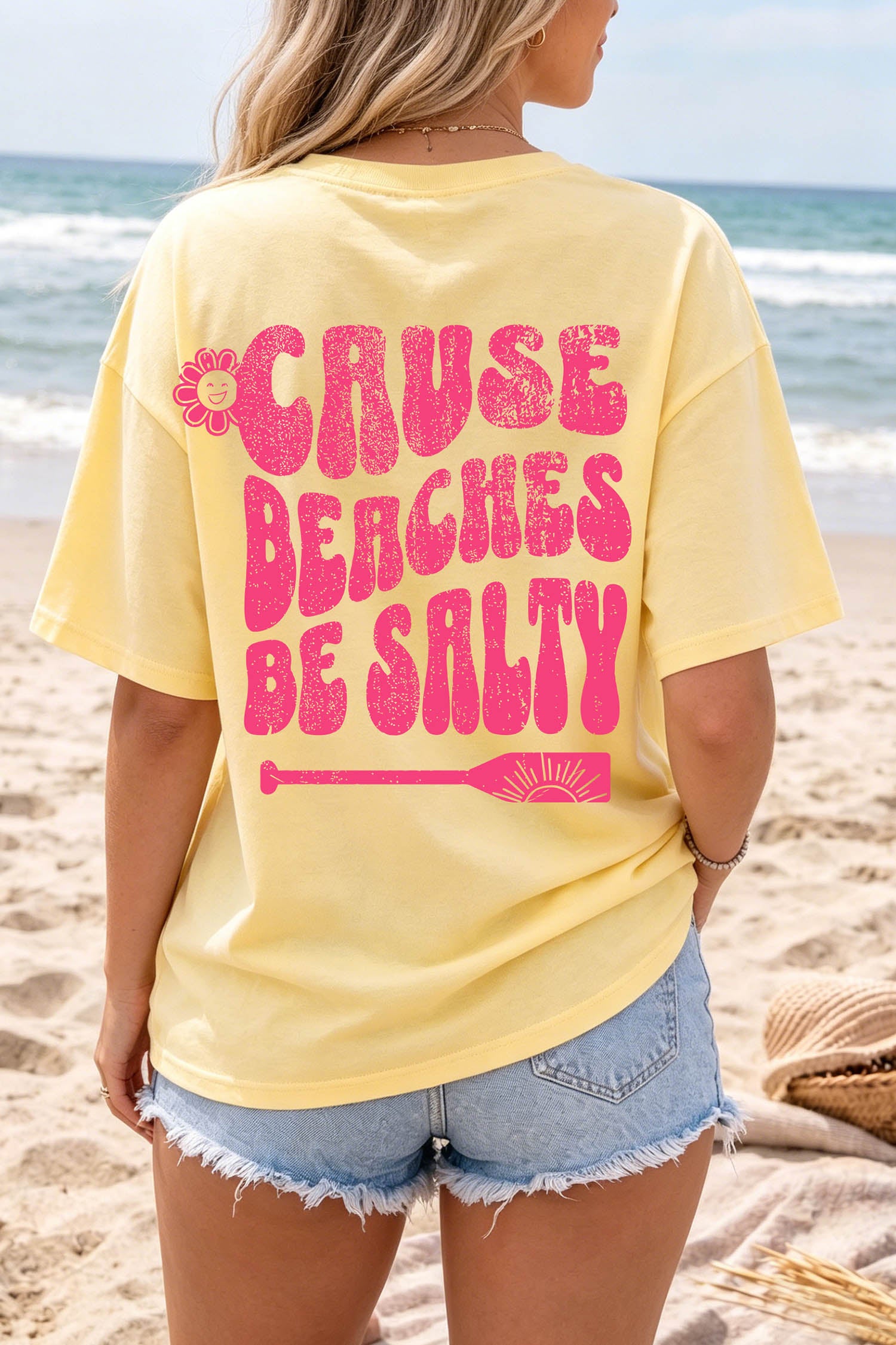 Yellow Cream Casual Round Neck Short Sleeve Slogan Print Loose Fit T-shirt