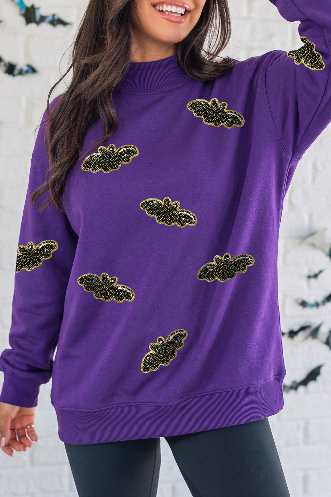 Tillandsia Purple Sequin Bat Pattern Mock Neck Graphic Sweatshirt
