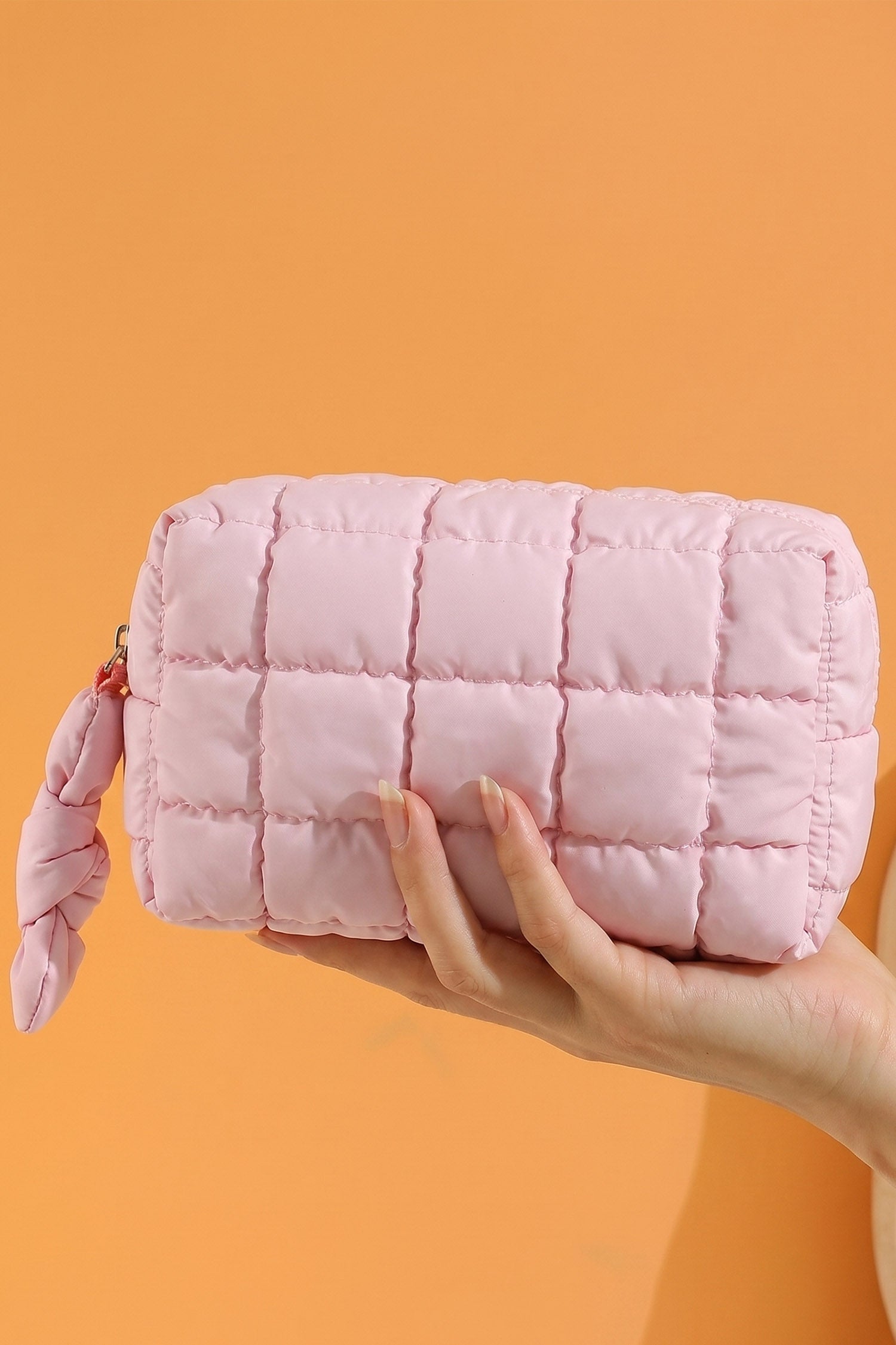 Pink Solid Color Quilted Nylon Makeup Bag