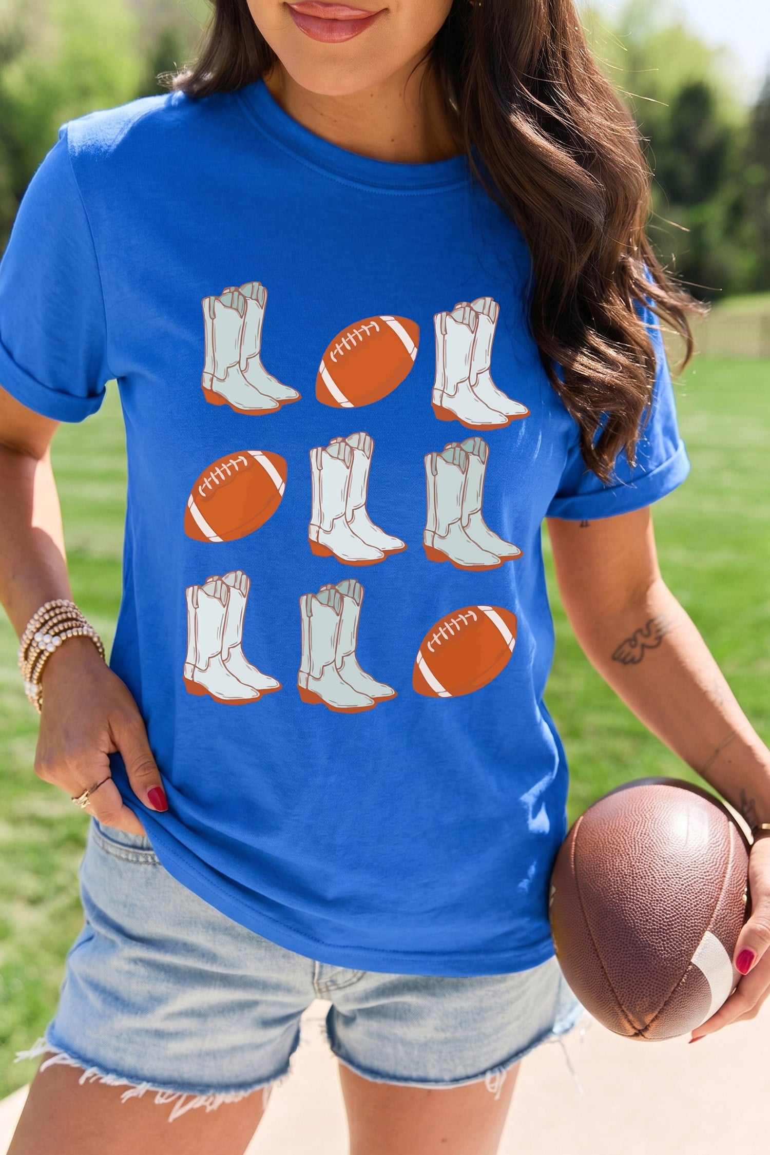 Dark Blue Western Boots Rugby Graphic Print Round Neck Tee