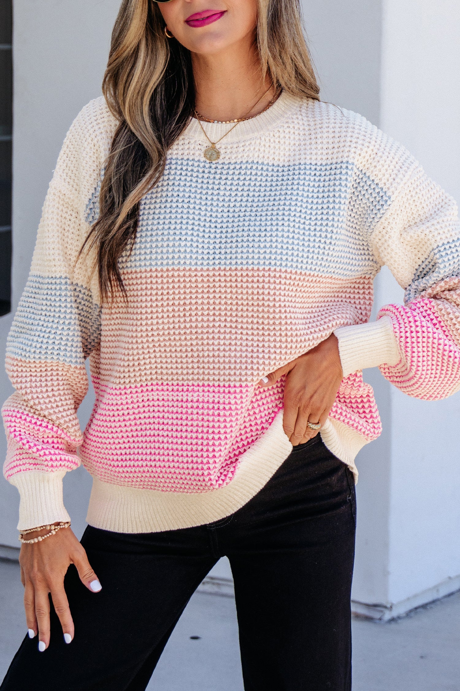 Light Blue Drop Shoulder Round Neck Long Sleeve Pullover Sweater