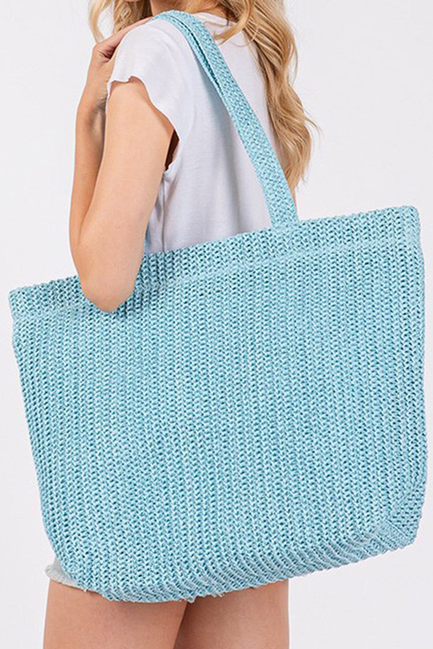 Light Blue Solid Color Straw Woven Summer Beach Tote Bag