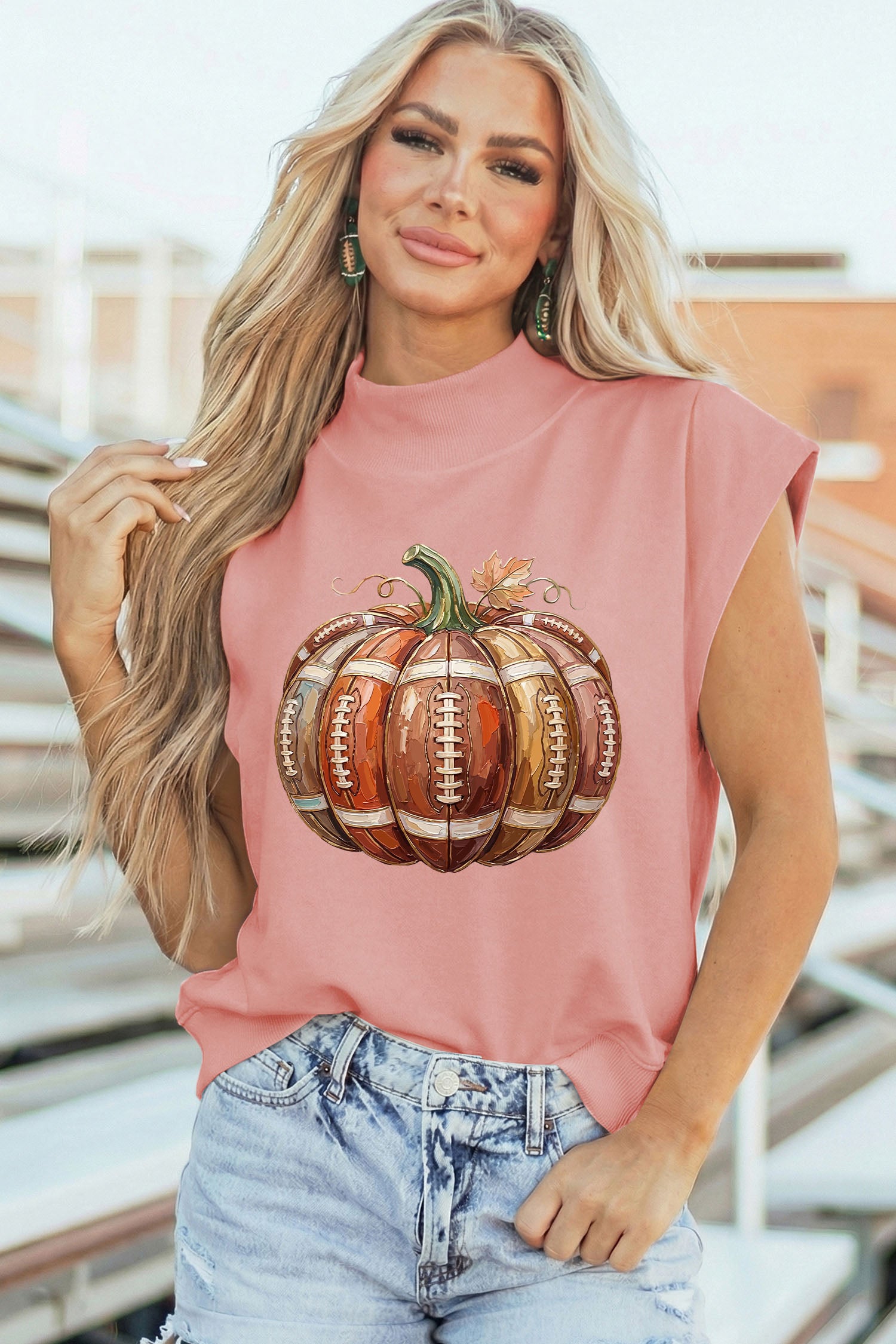 Pink Rugby Pumpkin Graphic Mock Neck Cap Sleeve Top