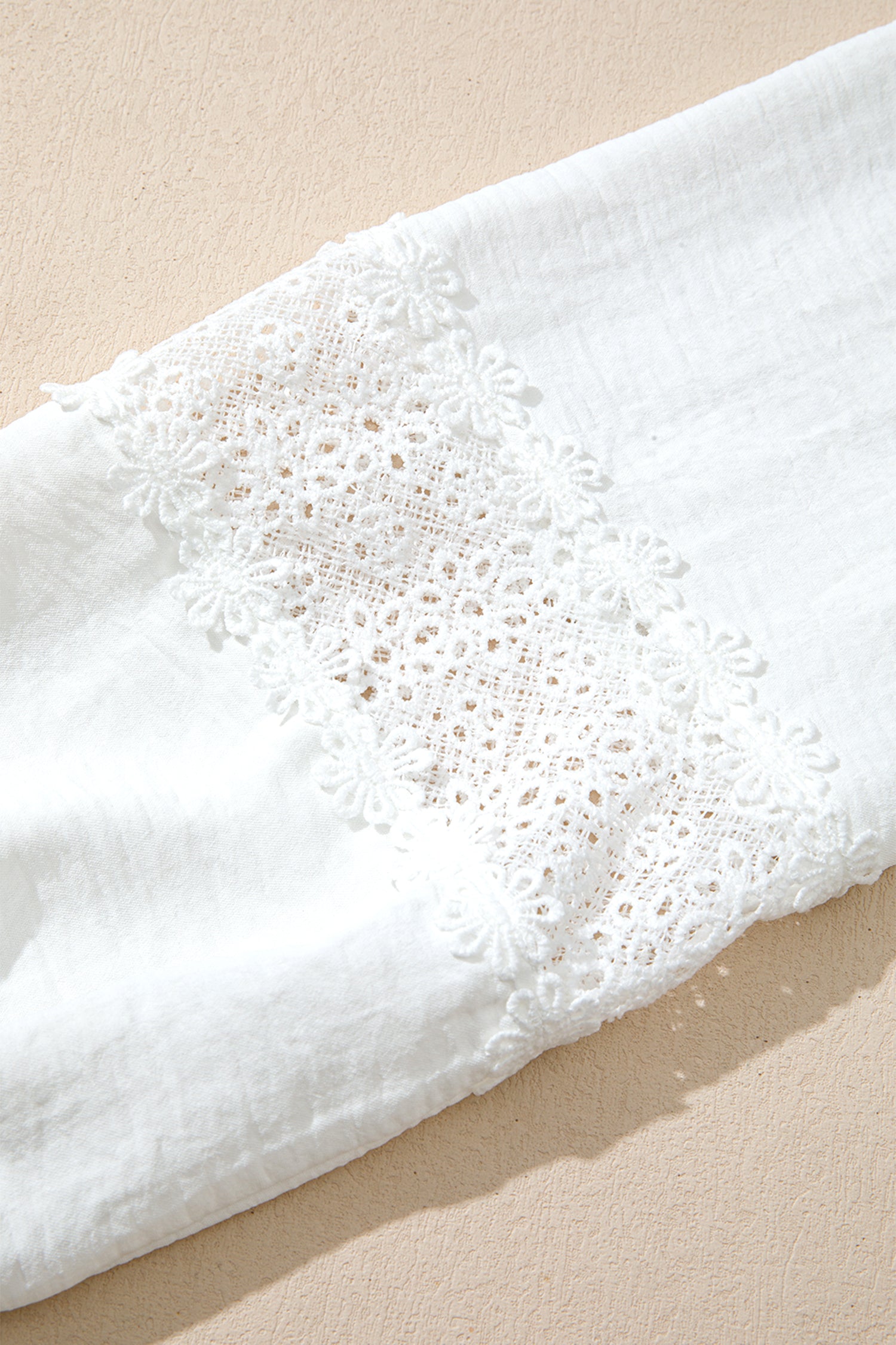 White Solid Color Floral Guipure Lace Patchwork Frilled Long Sleeve Blouse