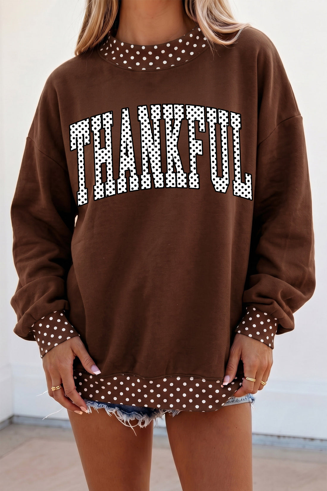 Brown Polka Dot Contrast Trim Slogan Printed Tunic Pullover Sweatshirt