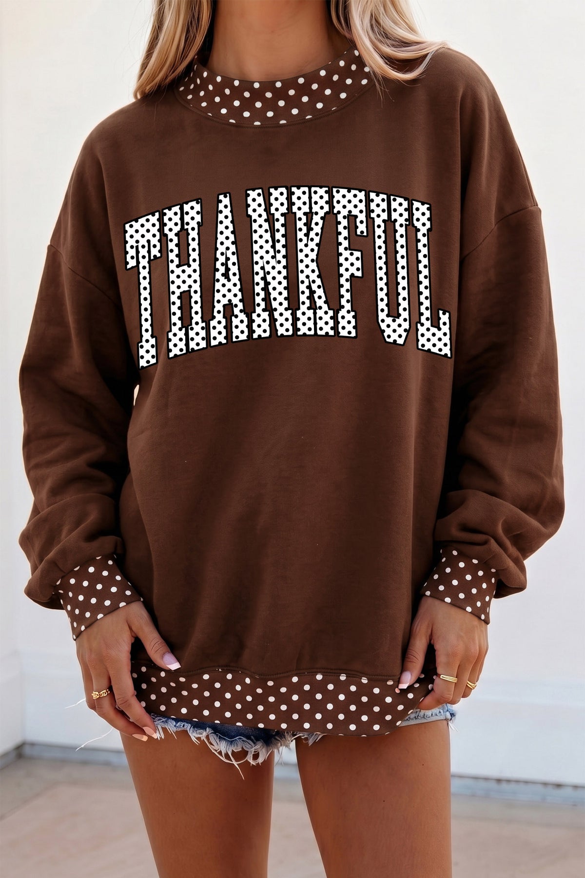 Brown Polka Dot Contrast Trim Slogan Printed Tunic Pullover Sweatshirt