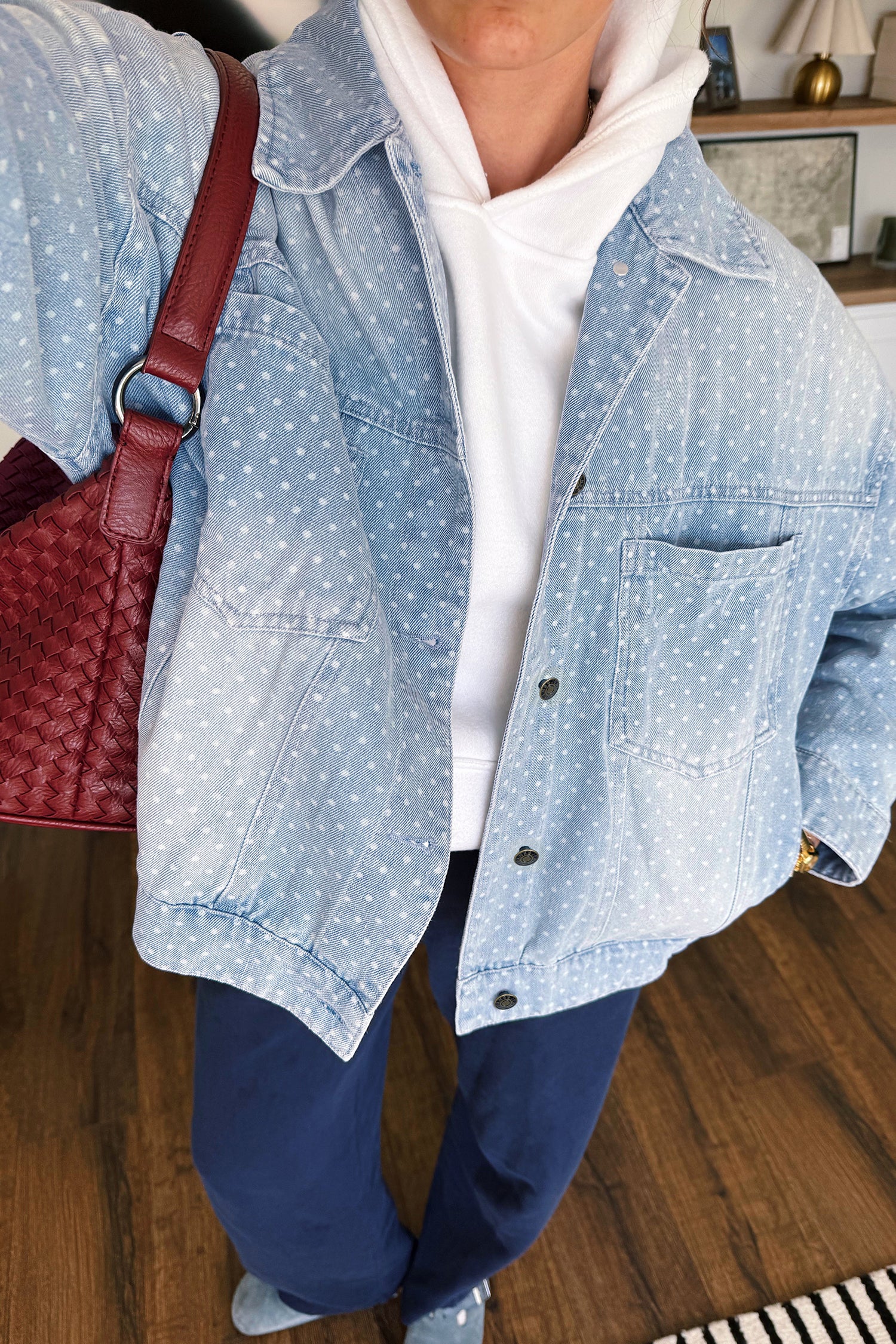 Sky Blue Polka Dot Long Sleeve Collar Pocket Casual Shift Silhouette Denim Jacket