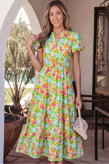 Green Floral Print V Neck Short Puff Sleeve Cotton Maxi Dress