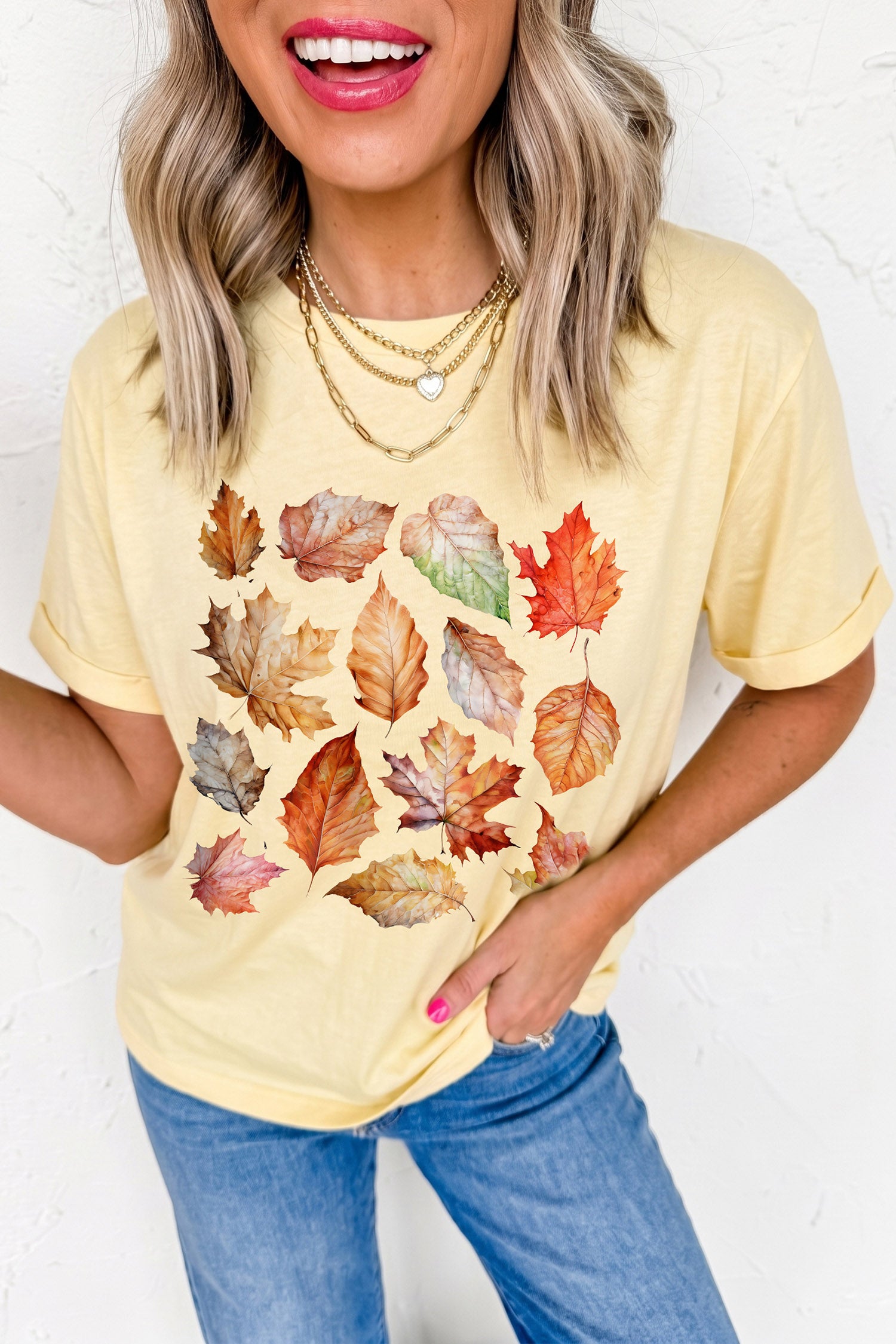 Yellow Cream Autumn Leaves Heat Transferring Print Thanksgiving T-Shirt