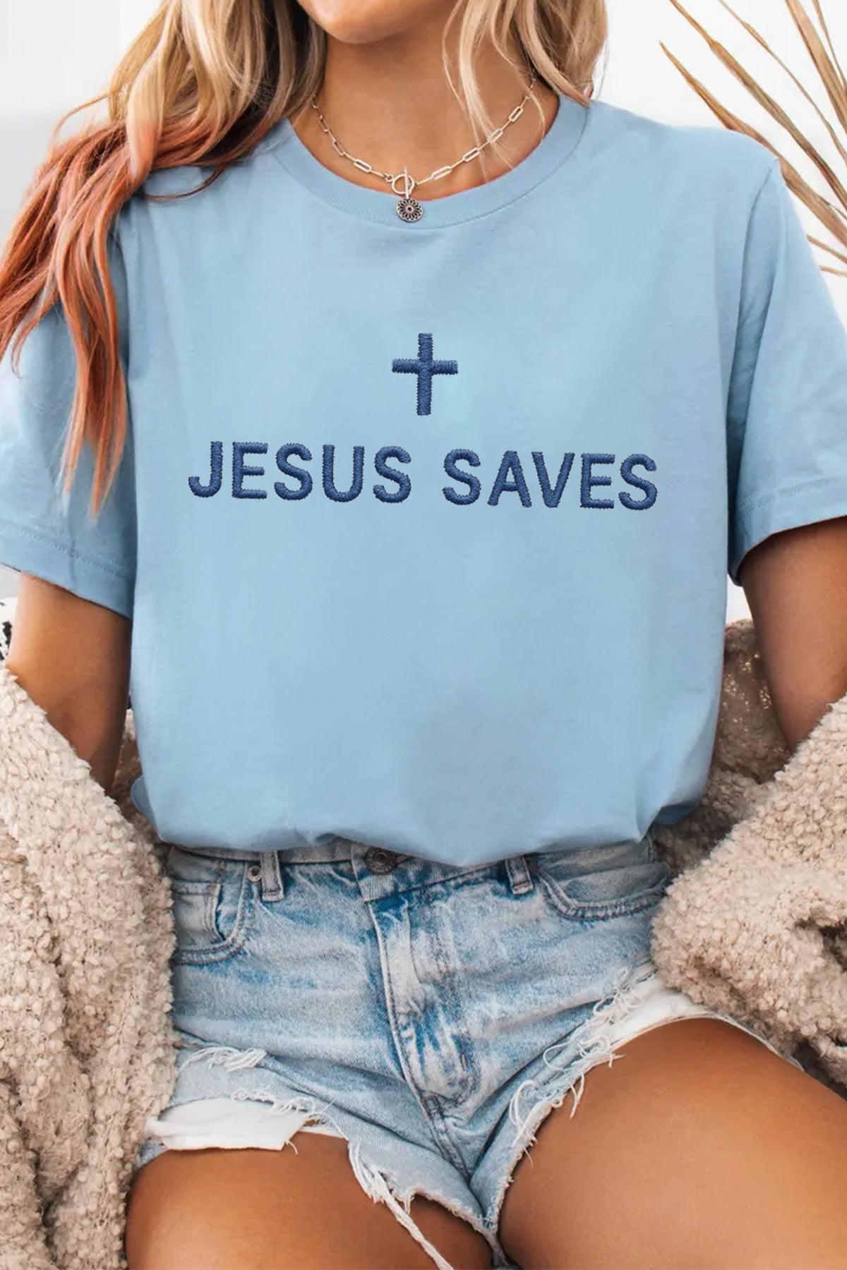 Light Blue Embroidered JESUS SAVES Slogan T Shirt