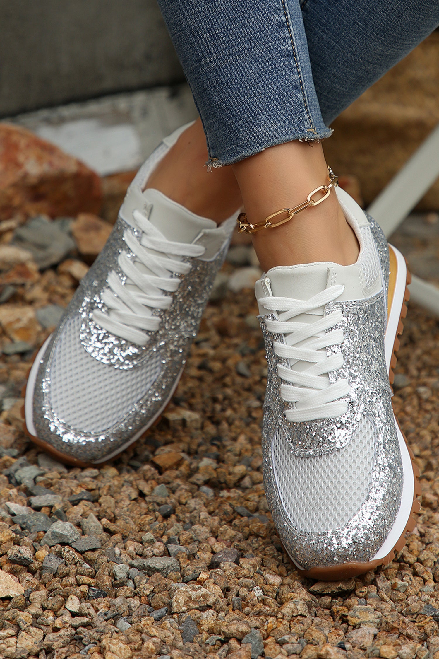 Silvery Sequin Mesh Patchwork Lace Up Sneakers