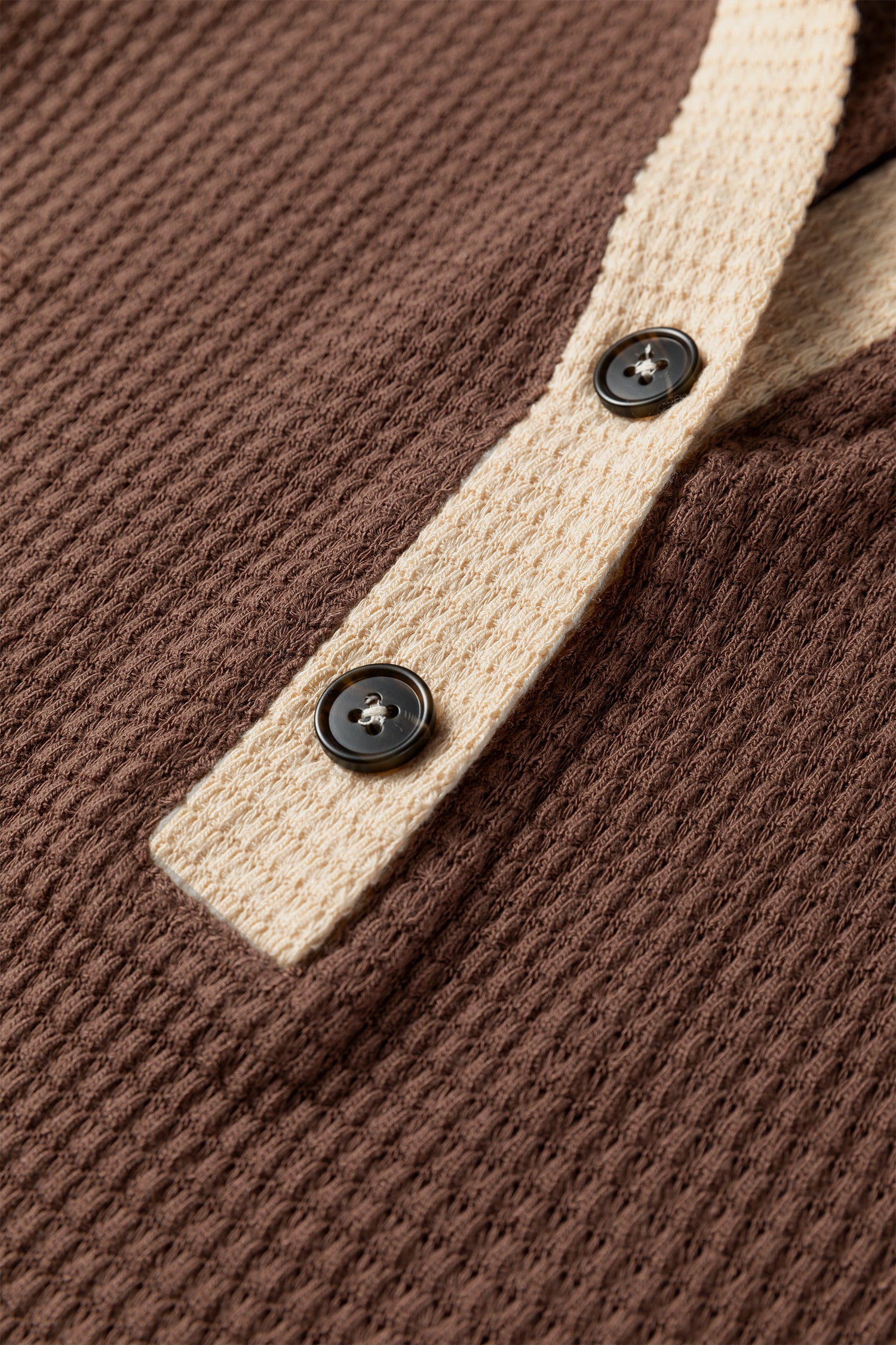 Coffee Waffle Contrast Half Buttoned Hooded Pullover Top