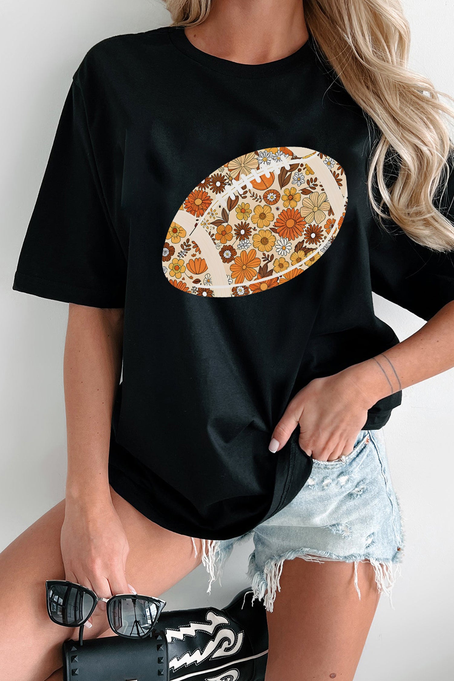 Black Retro Floral Rugby Football Printed T Shirt