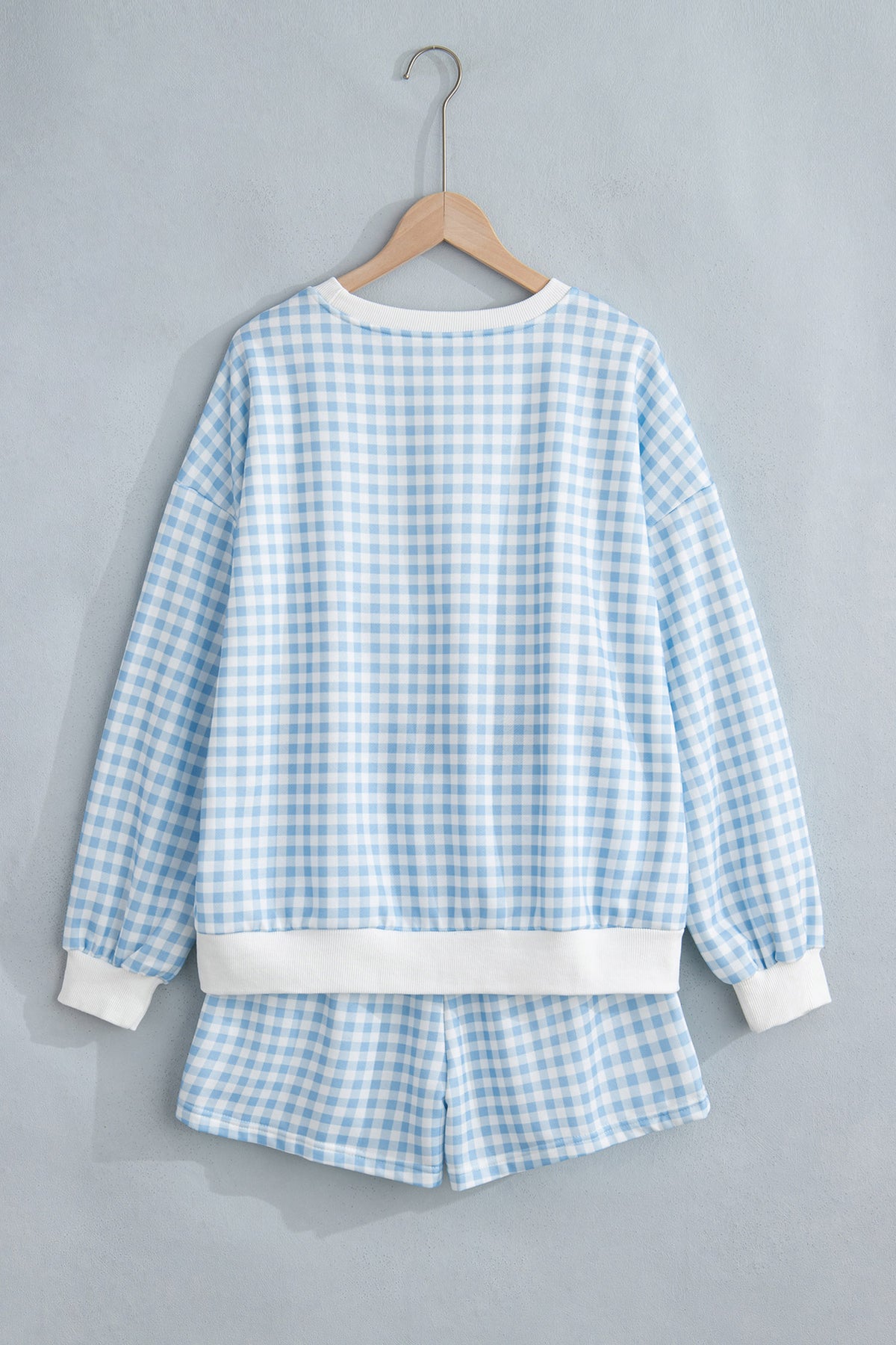 Sky Blue Fashion Plaid Bold Slogan Print Baggy Pullover and Shorts Set
