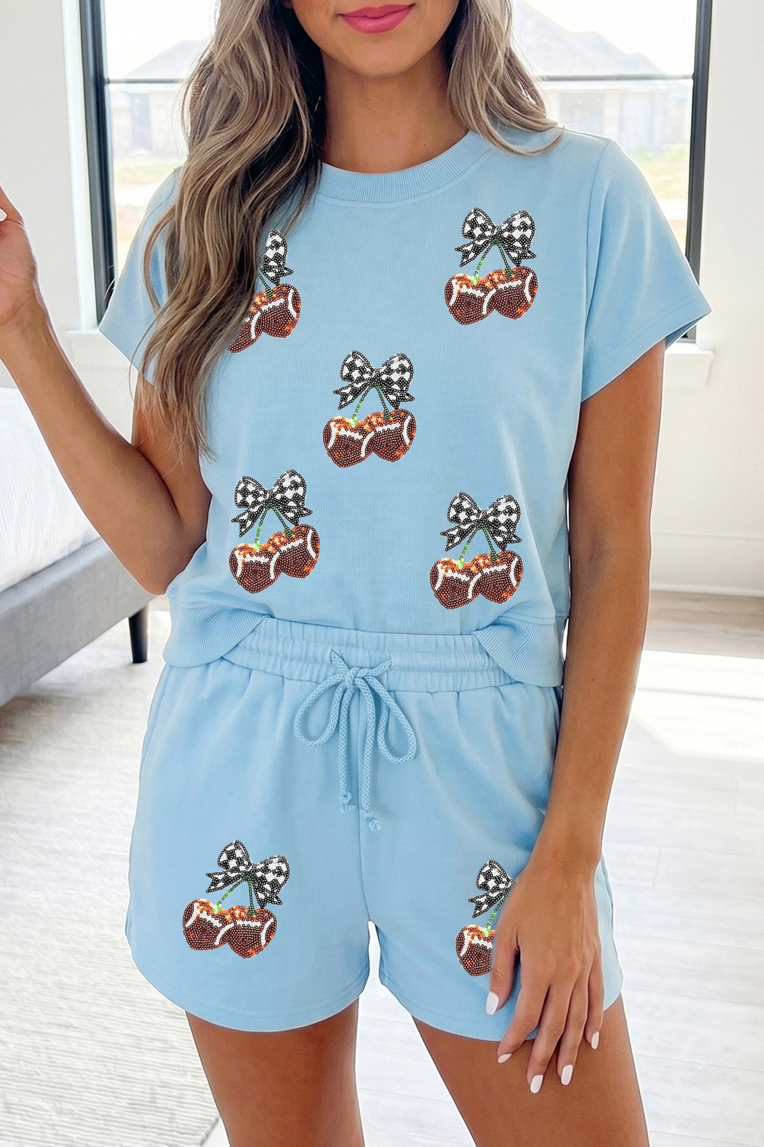 Mist Blue Sequined Cherry Game Day Pant Set