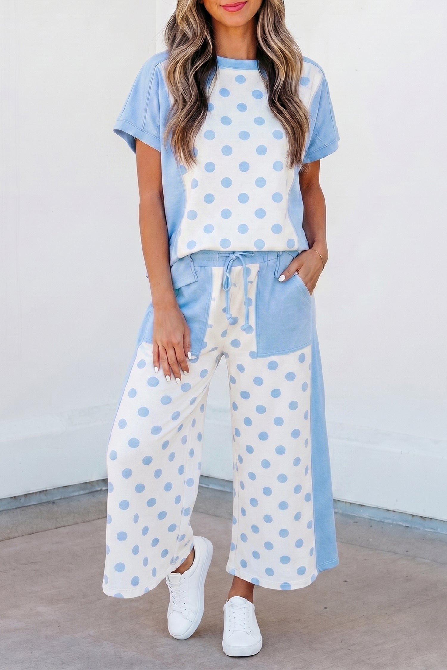 Sky Blue Color Block Patchwork Polka Dot Wide Leg Pant Set