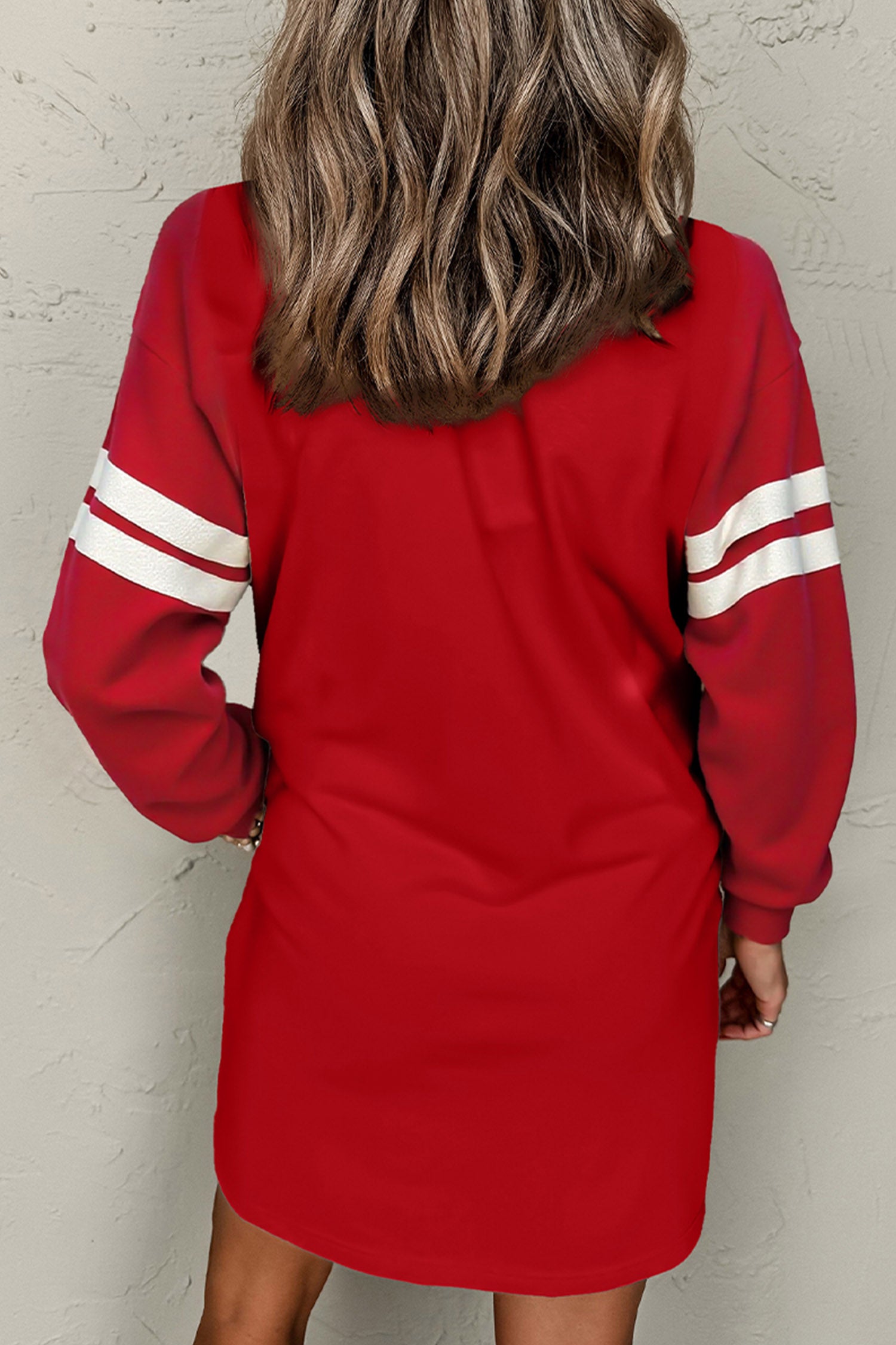 Fiery Red Sequin Rugby Bow Graphic Varsity Striped Sleeve Shift Mini Dress
