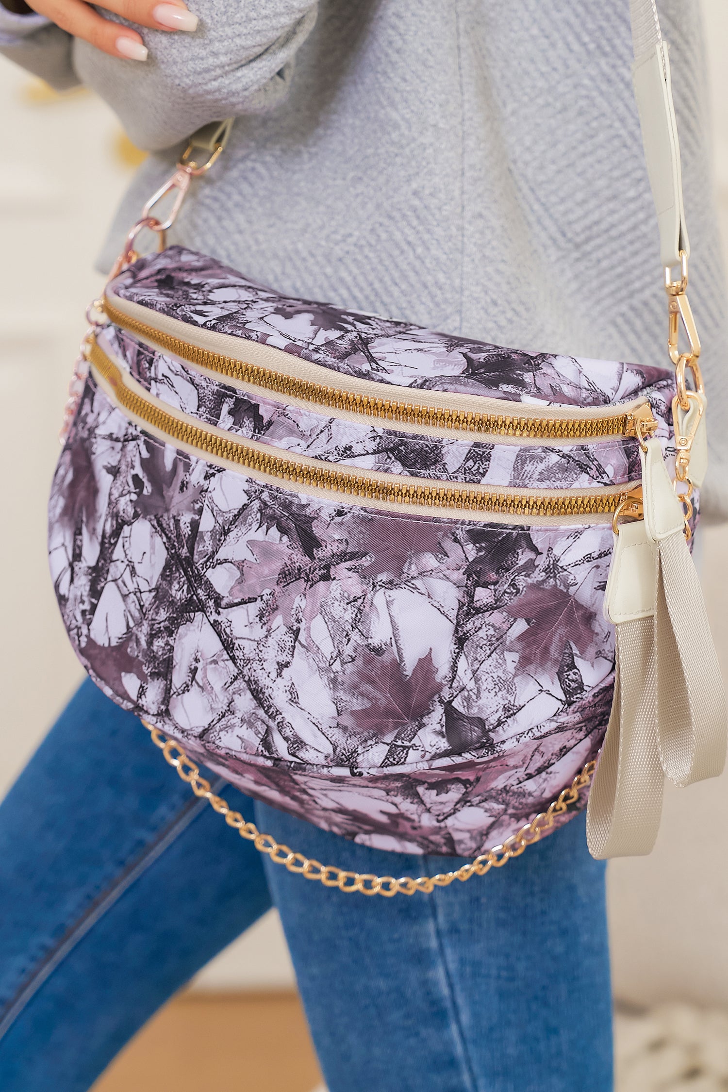 Medium Grey Camouflage Print Gold Chain Strap Double Zipper Crossbody Bag