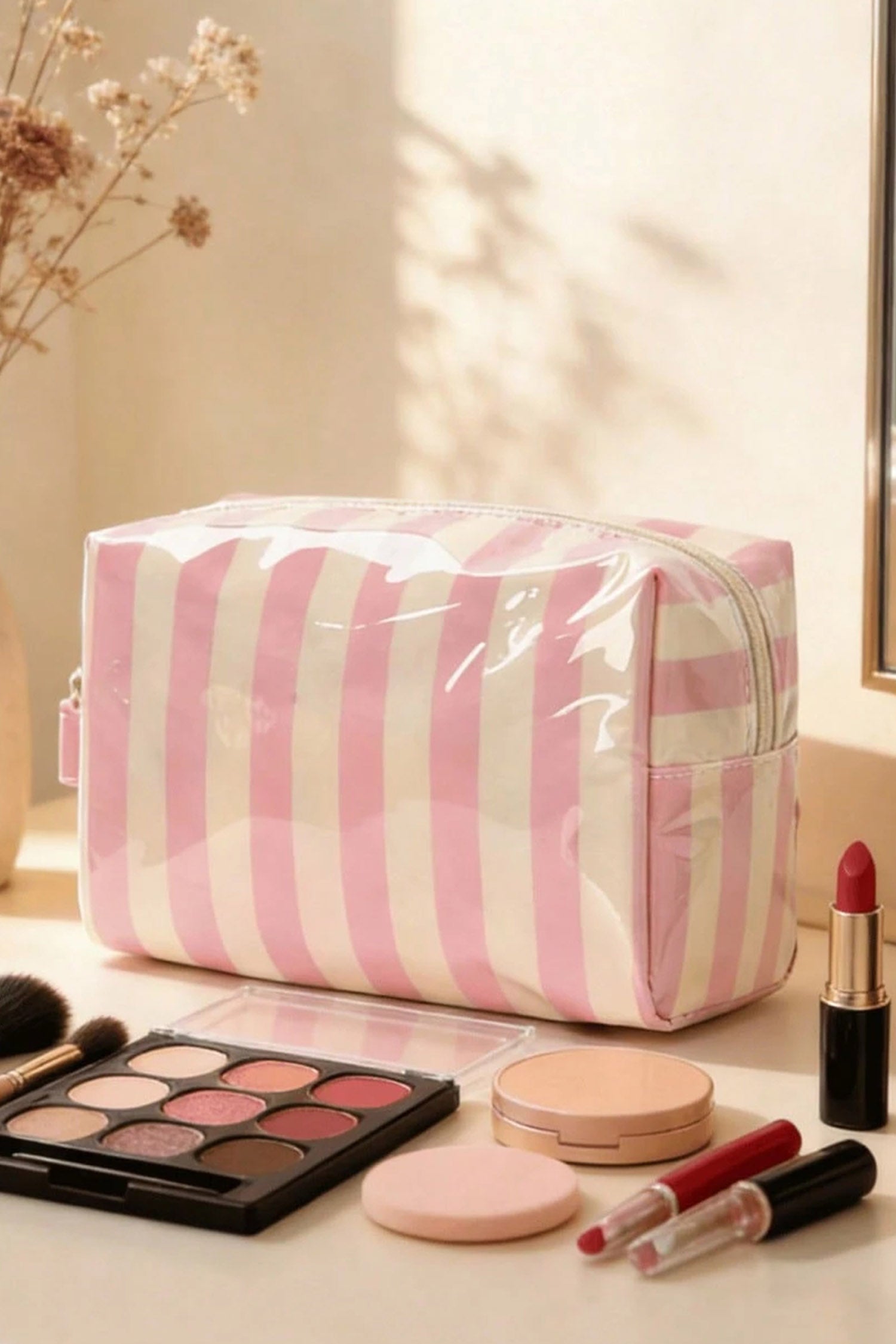 Light Pink PVC Striped Cosmetic Bag Durable Zipper Handle Travel Organizer
