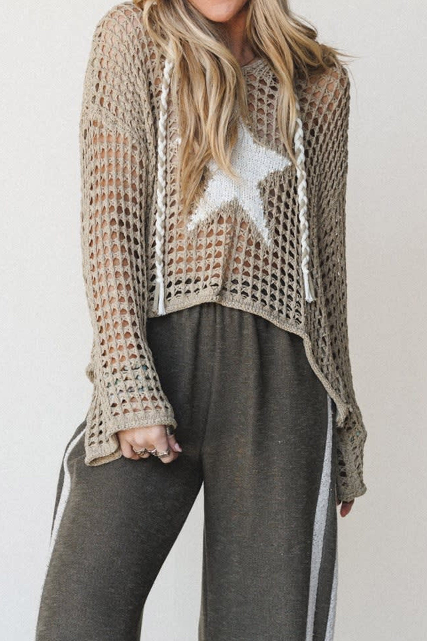 Sage Green Star Pattern Crochet Hooded Drawstring Sweater
