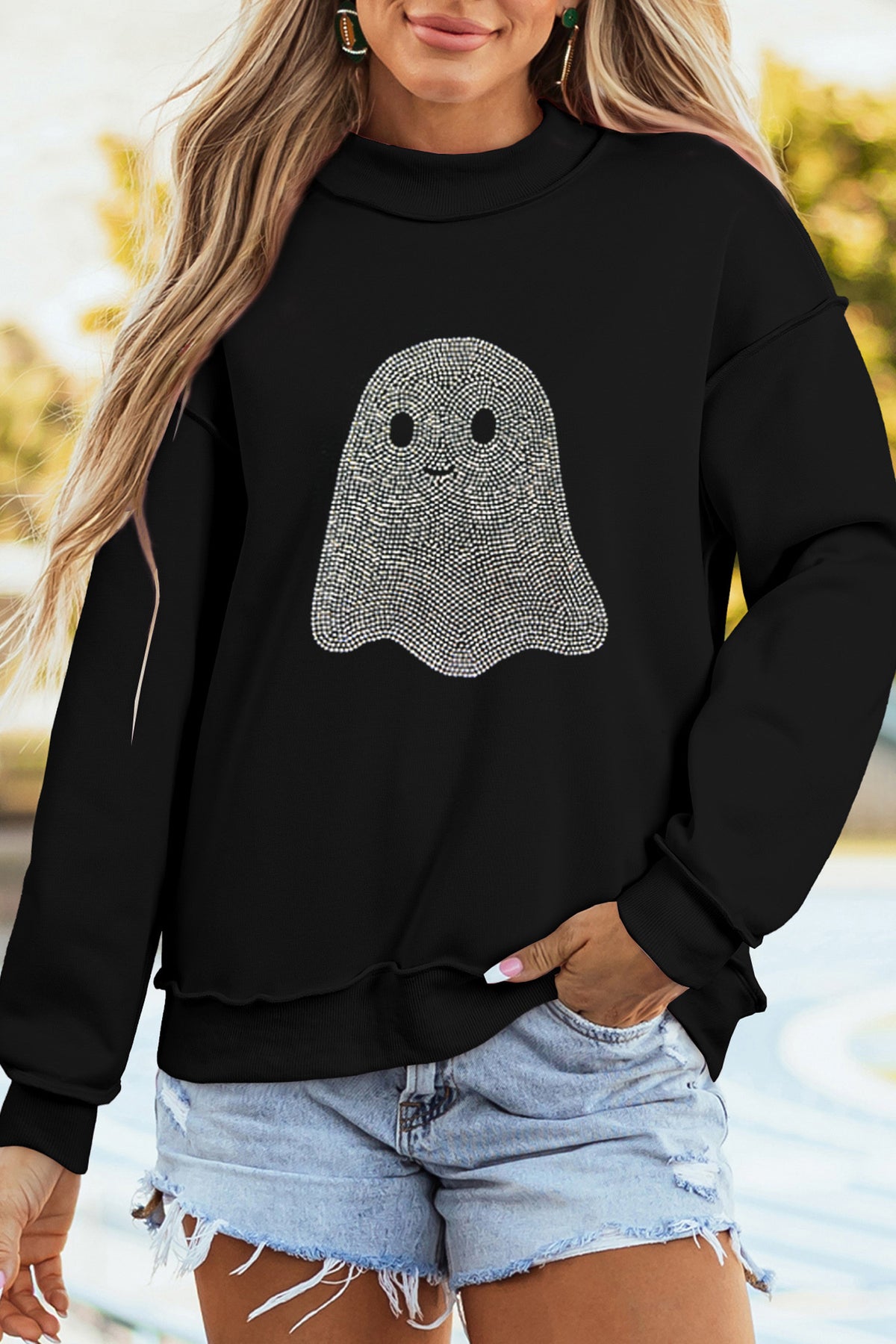 Black Rhinestone Ghost Exposed Seam Mock Neck Halloween Pullover Sweatshirt