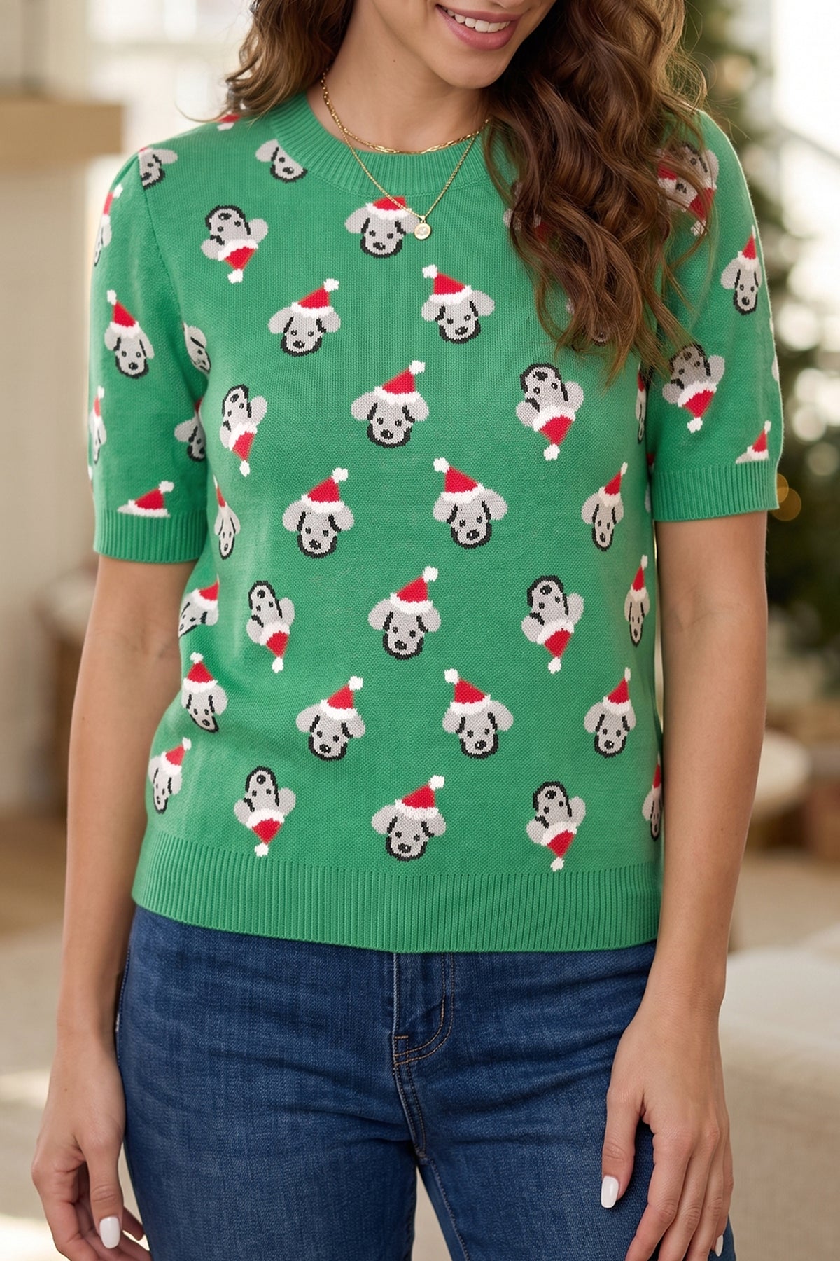 Dark Green Abstract Dog Pattern Christmas Round Neck Short Sleeve Sweater