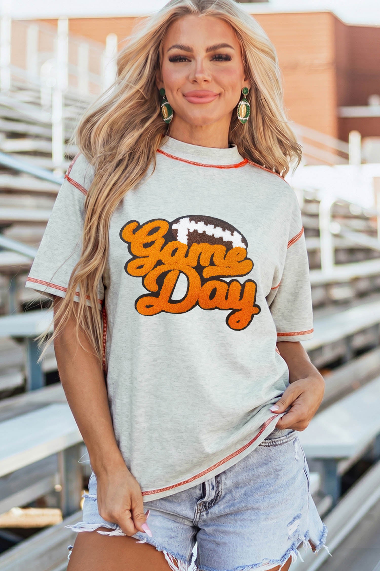 Light Grey Chenille Game Day Graphic Contrast Trim Mock Neck Loose Tee