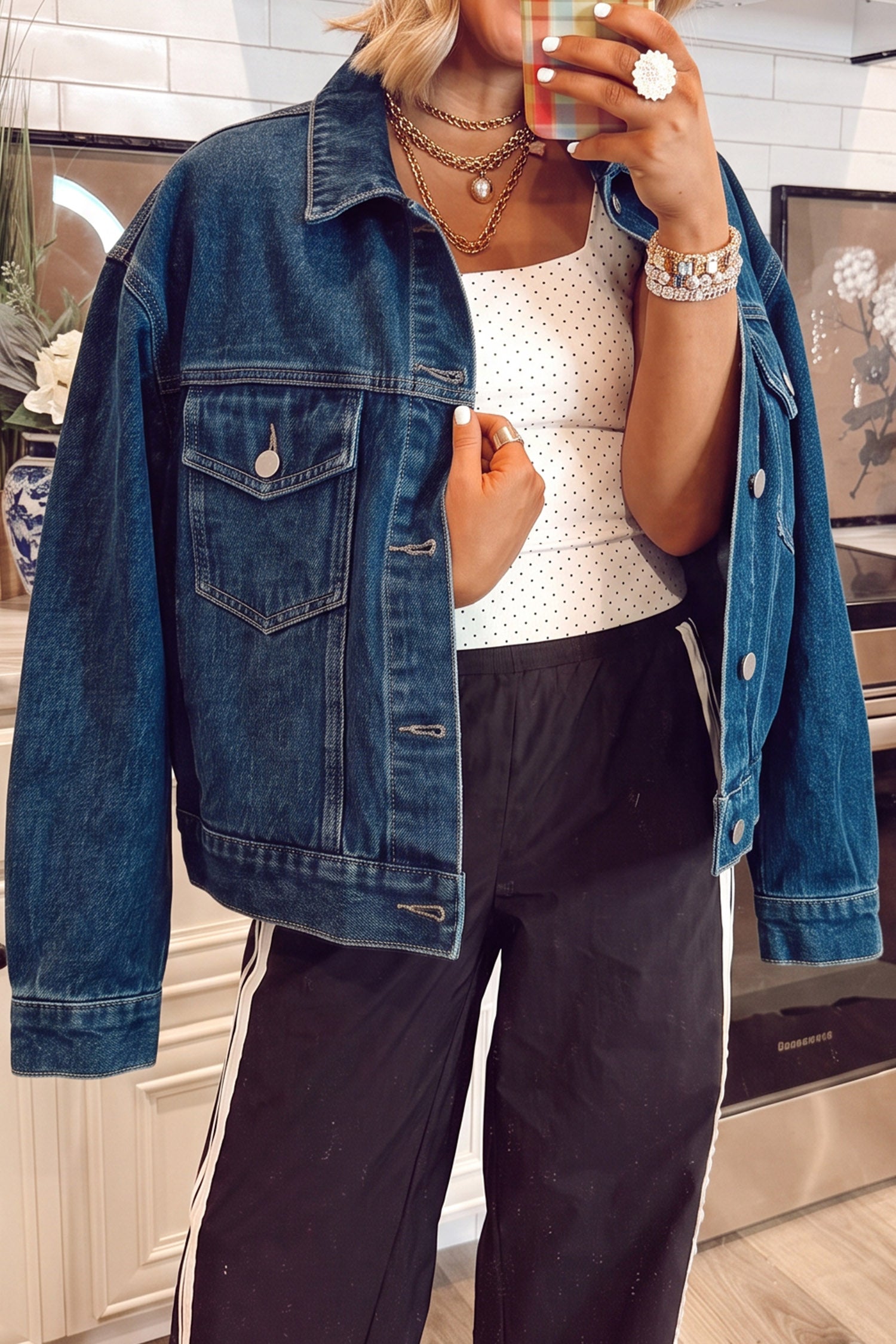 Navy Blue Vintage Button Flap Pocket Casual Denim Jacket