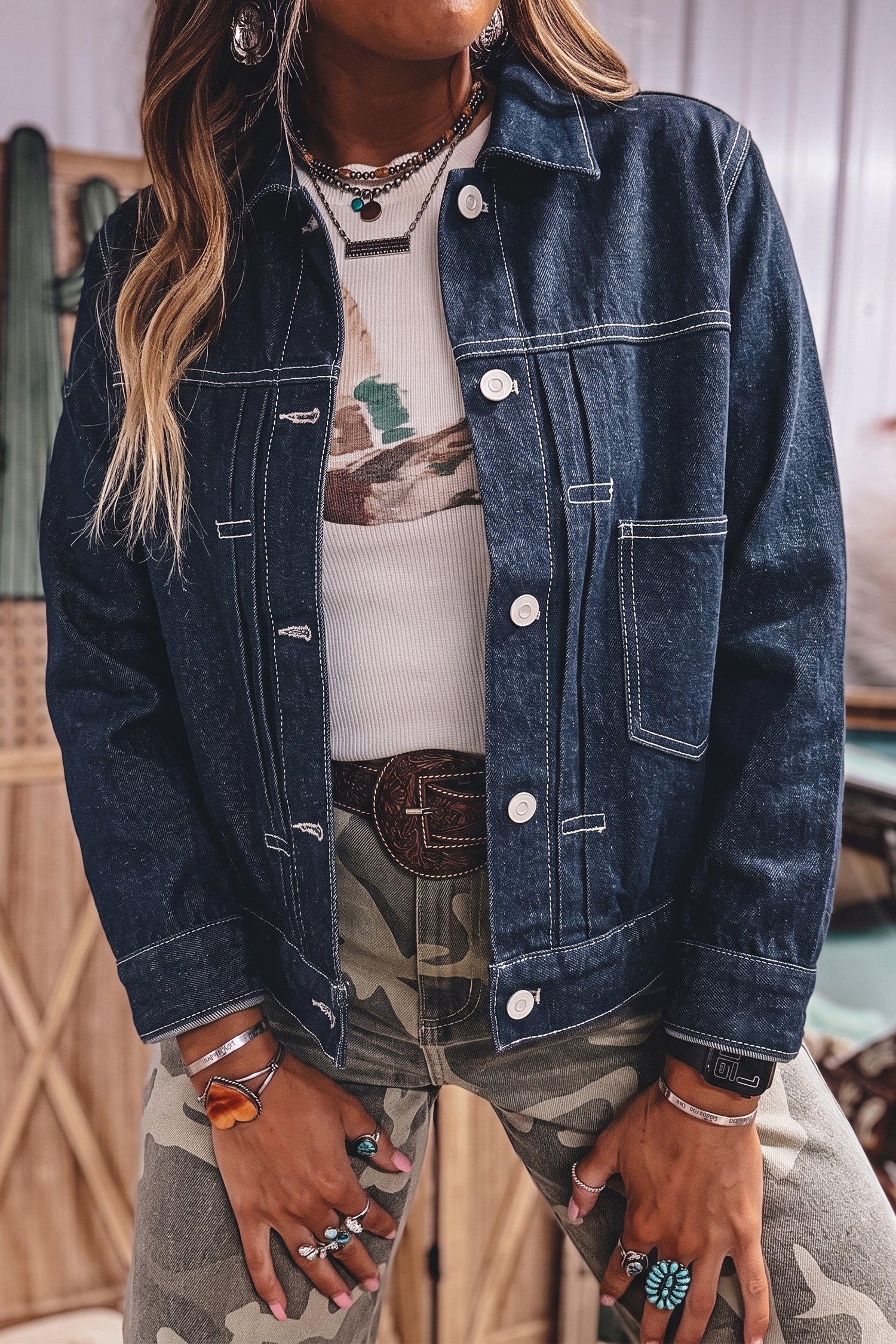 Dirty blue Denim Button Front Pocket Casual Jacket