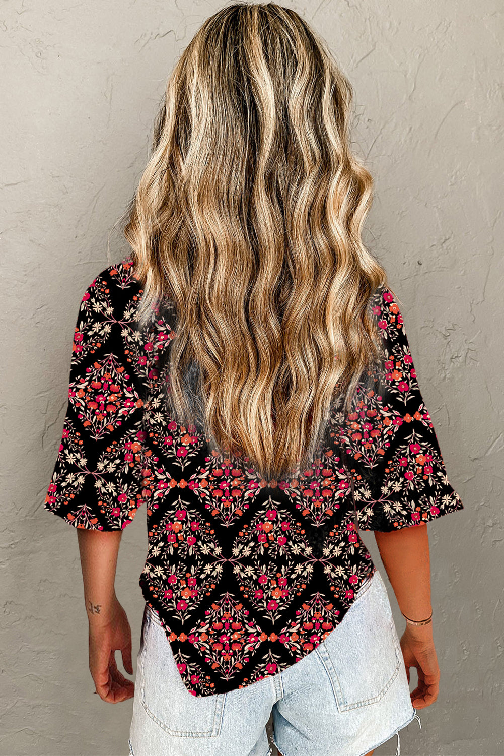 Black Floral Print Wide Short Sleeve Loose Shirt