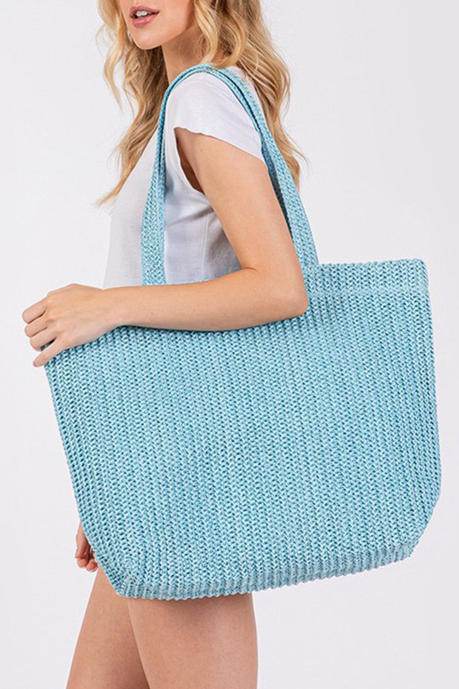 Light Blue Solid Color Straw Woven Summer Beach Tote Bag