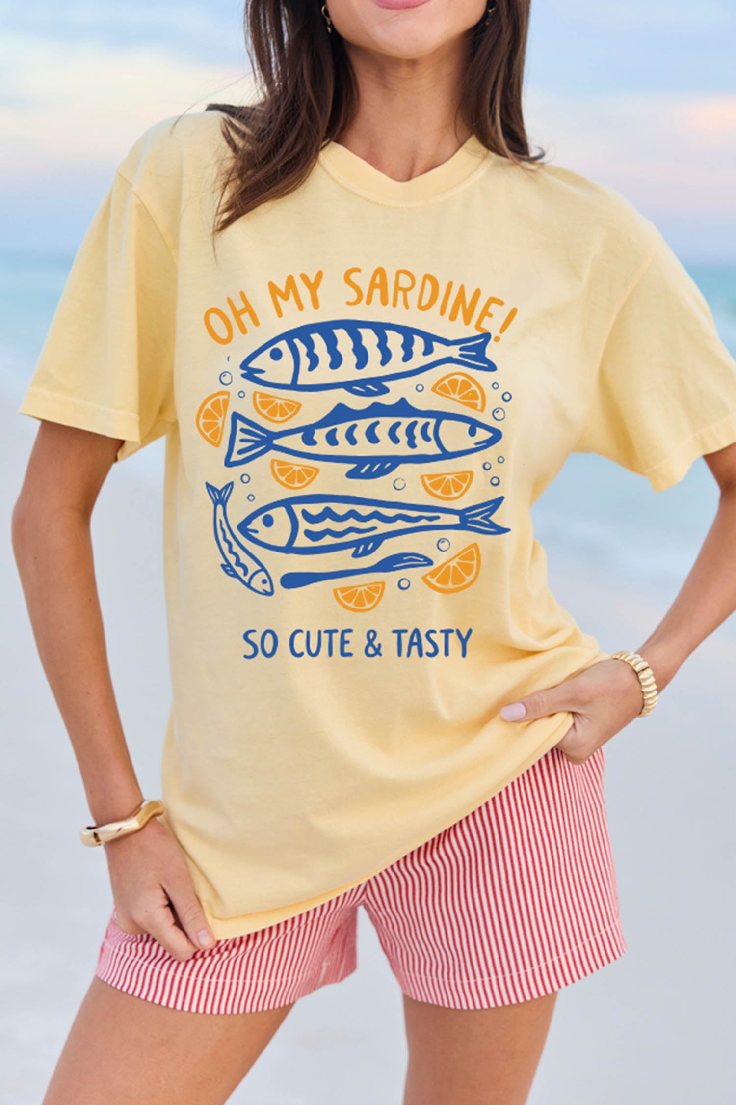Yellow Cream OH MY SARDINE Lemon Fish Printed T Shirt