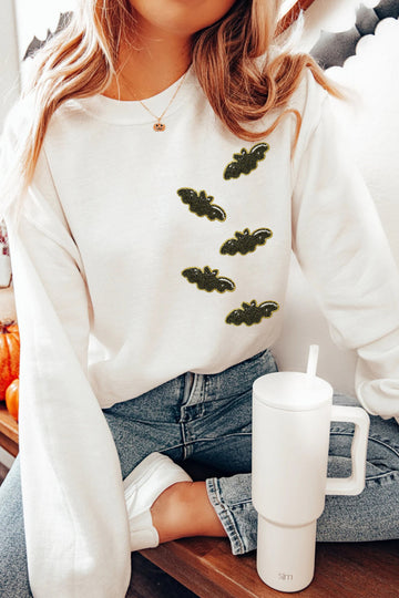 White Sequin Bat Pullover Drop Shoulder Halloween Sweatshirt