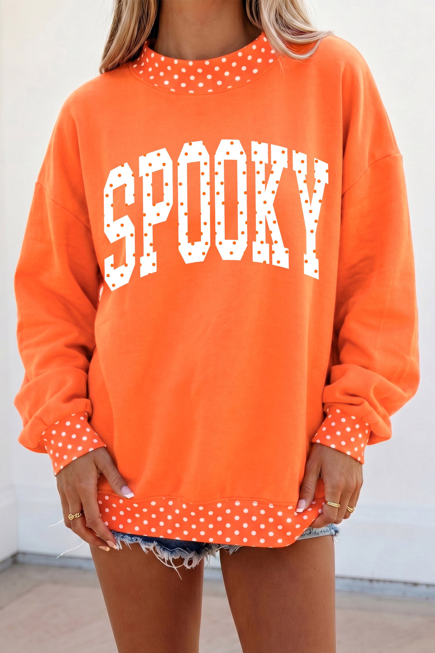 Orange SPOOKY Polka Dot Letter Print Mock Neck Baggy Pullover Sweatshirt