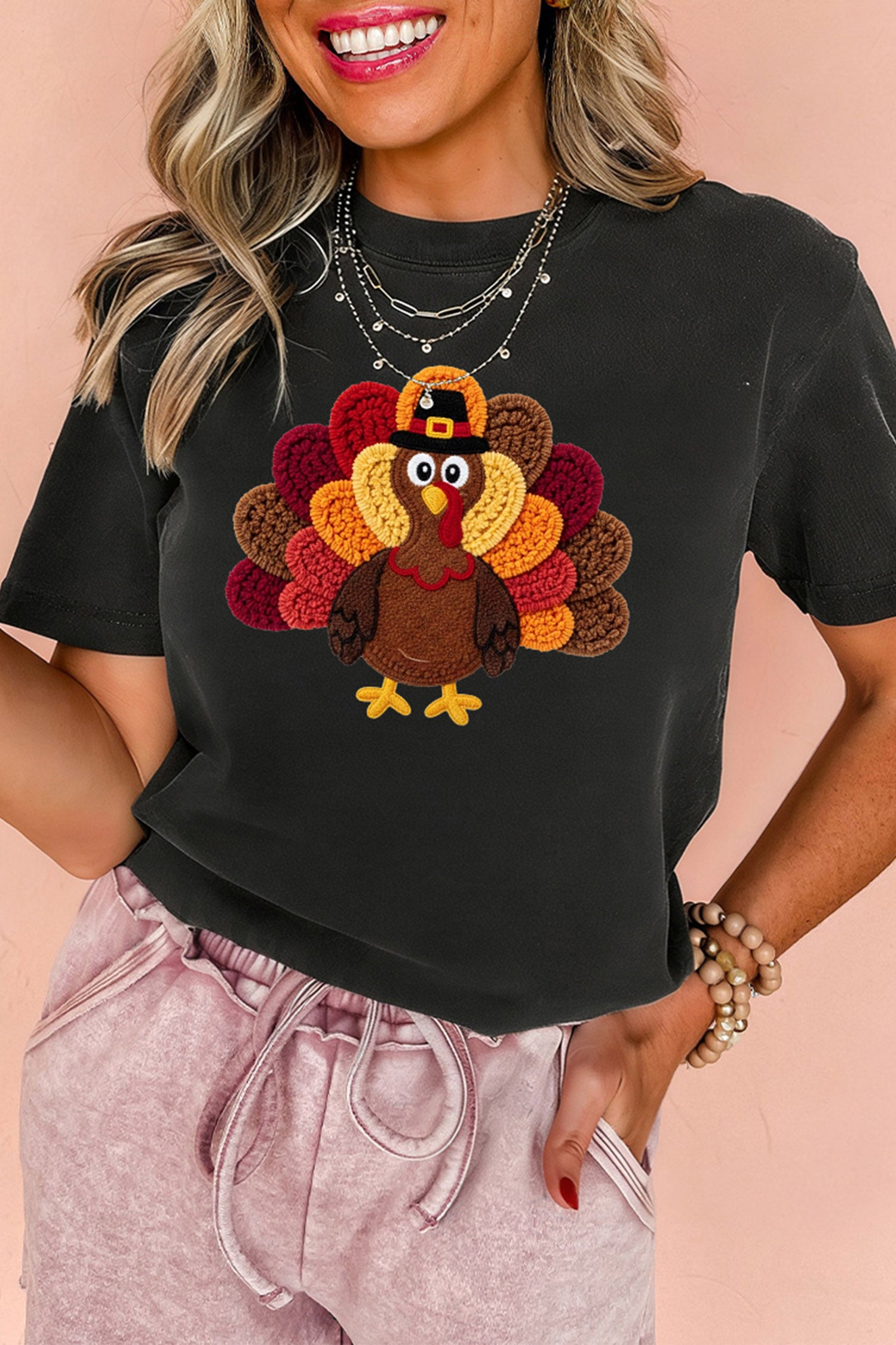 Black Thanksgiving Turkey Embroidered Short Sleeve Casual Shift T-Shirt
