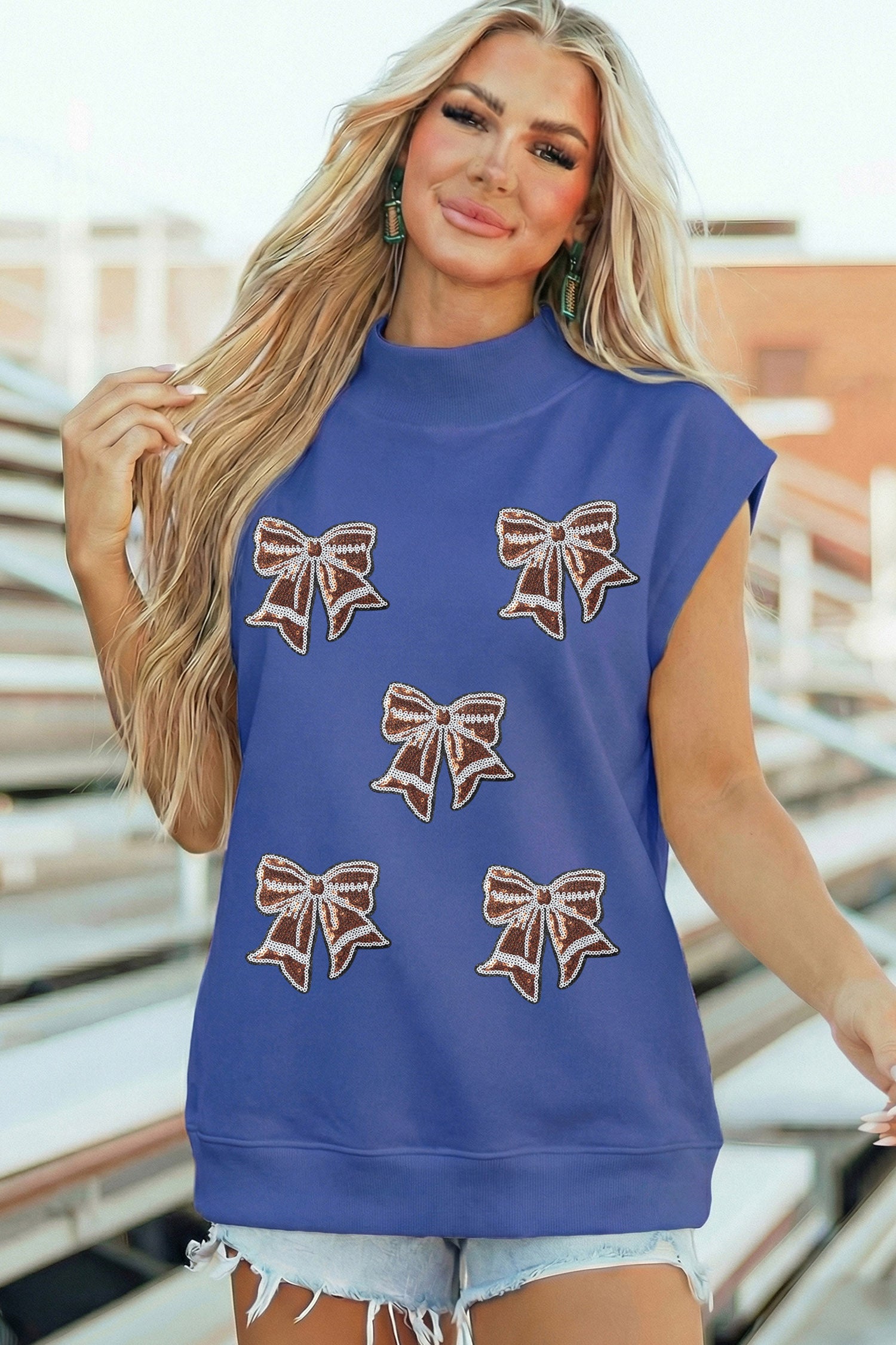 Sky Blue Game Day Sequin Bow High Neck Short Sleeve Top