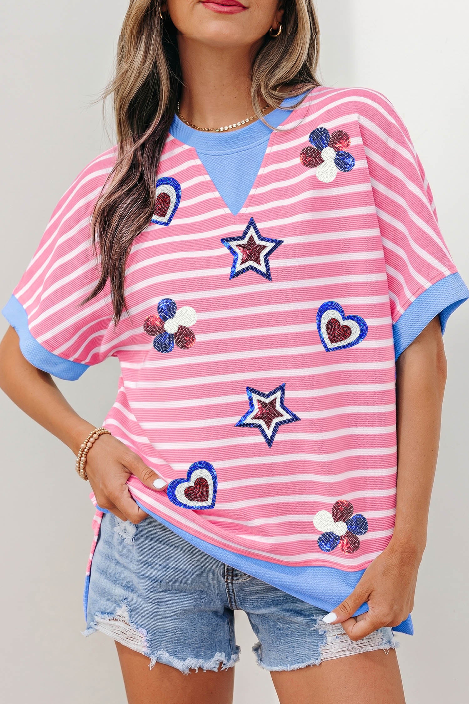 Pink Stripe Patriotic Sequin Patch Short Sleeve Loose Top