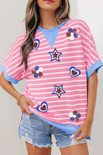 Pink Stripe Patriotic Sequin Patch Short Sleeve Loose Top