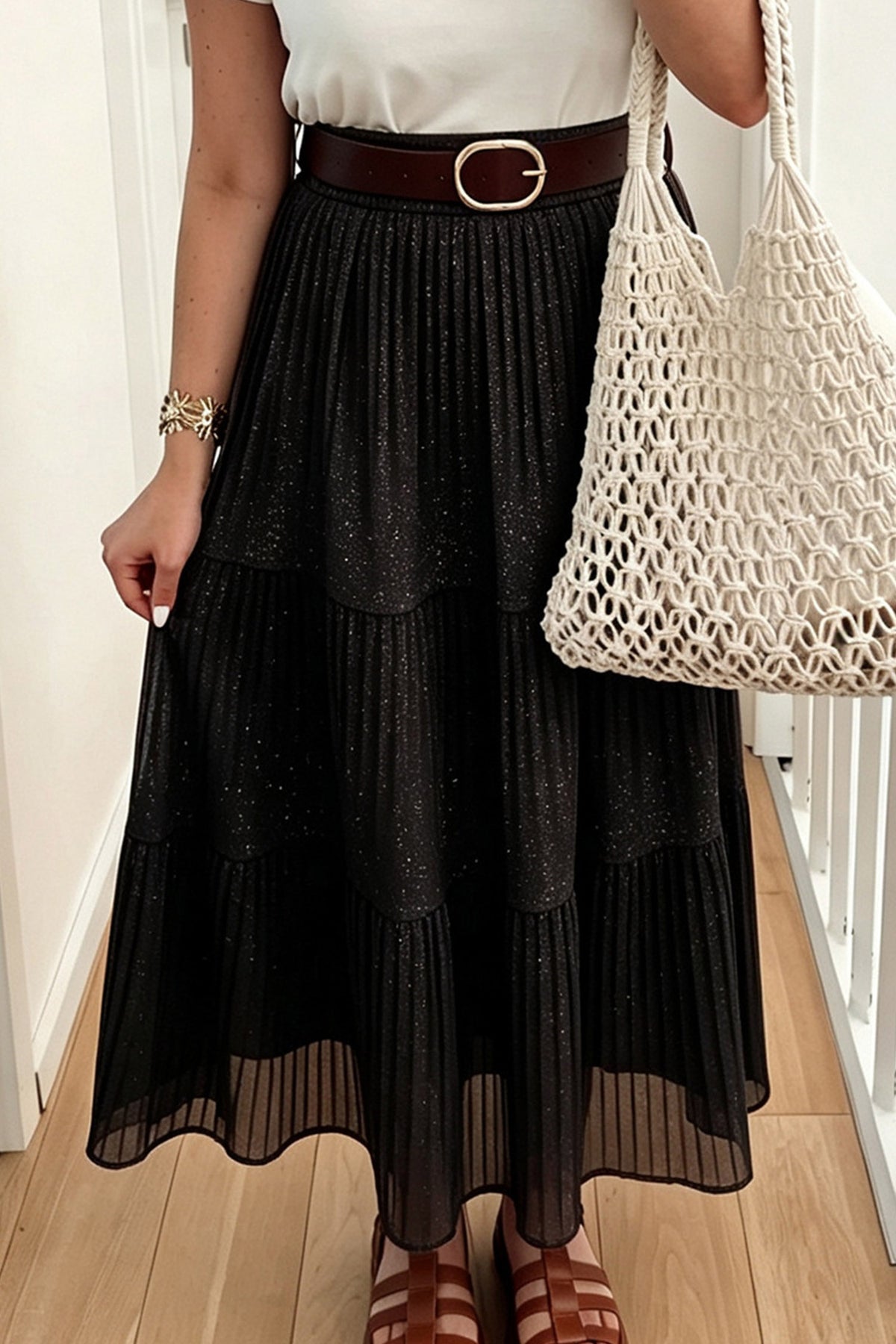 Black Solid Color Shimmer Detail Pleated Tiered Long Skirt