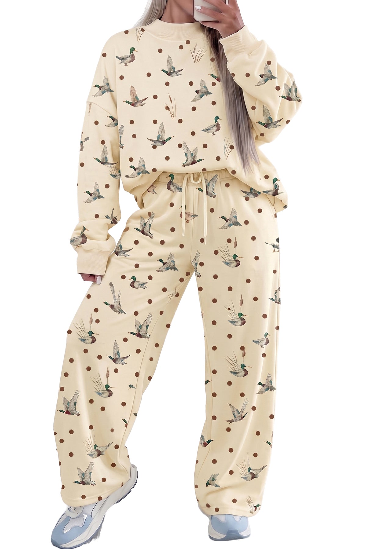Beige Polka Dot Mallard Print Crewneck Pullover Two Piece Pants Set