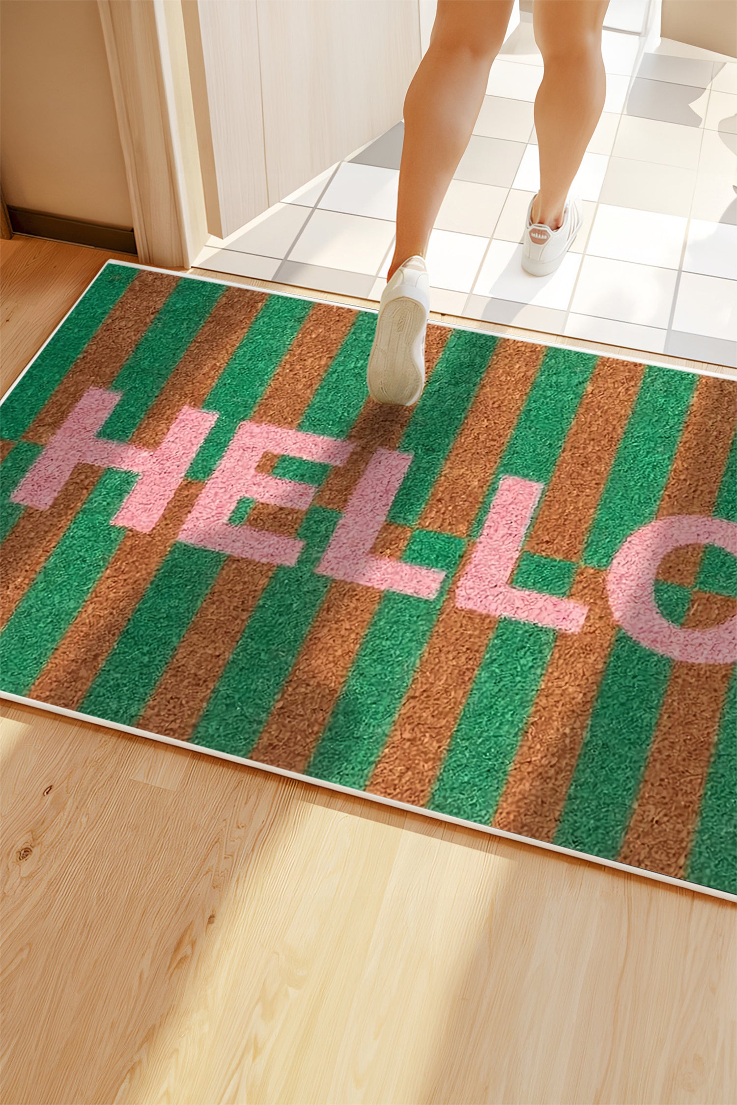 Bright Green Striped Printed HELLO Crystal Velvet Doormat